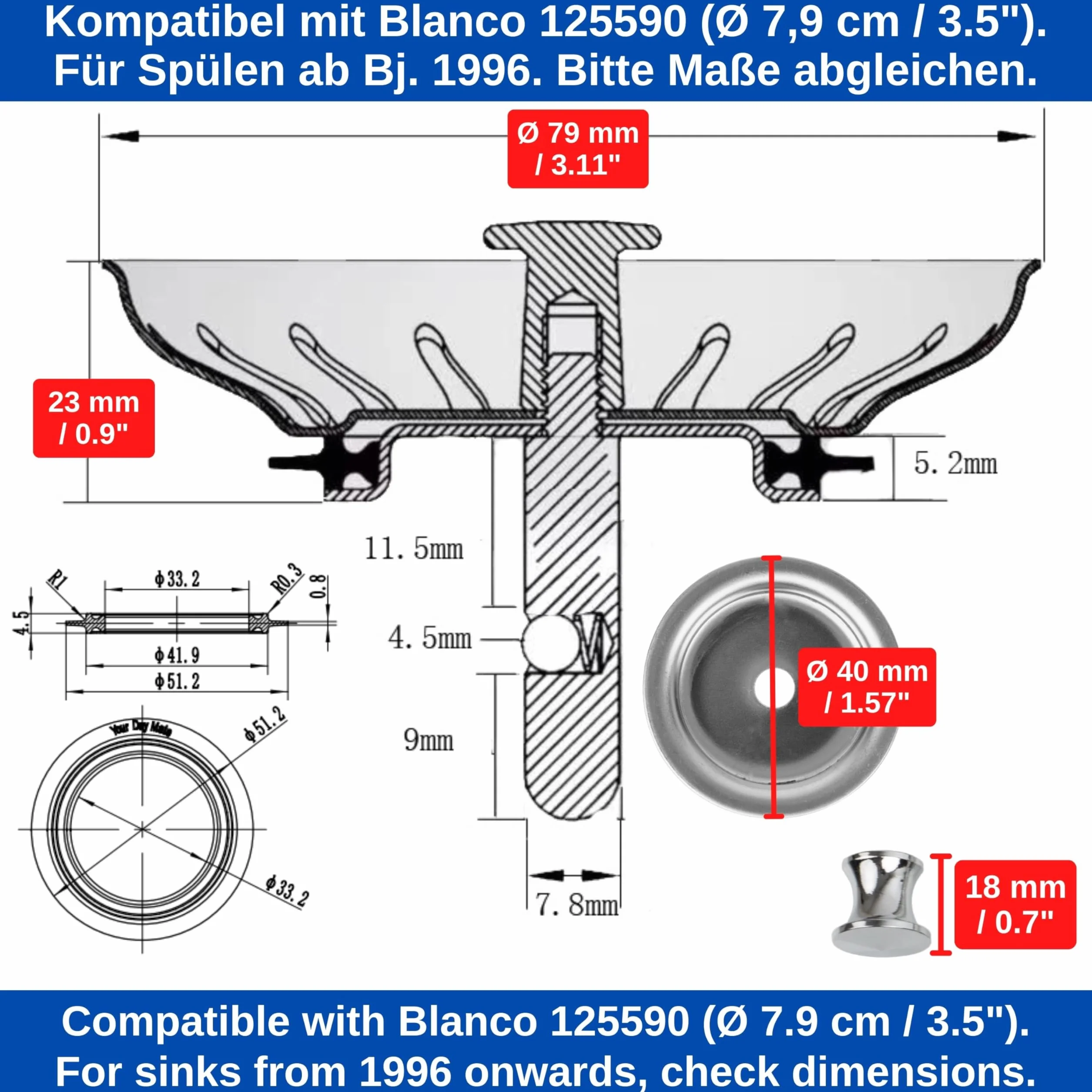 Kosz sitkowy do zlewu kuchennego Ø 79 mm zamiennik 125590 kompatybilny Blanco 3,5" czop 20 mm