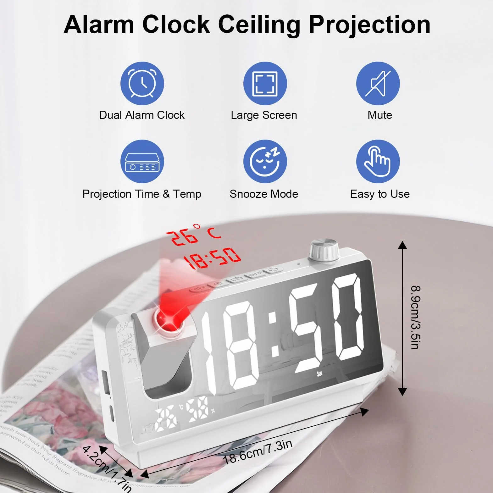 Cuteefun Budzik z projekcją LED 7" temperatura wilgotność 3 poziomy jasności 12/24 h 2 czasy budzenia biały