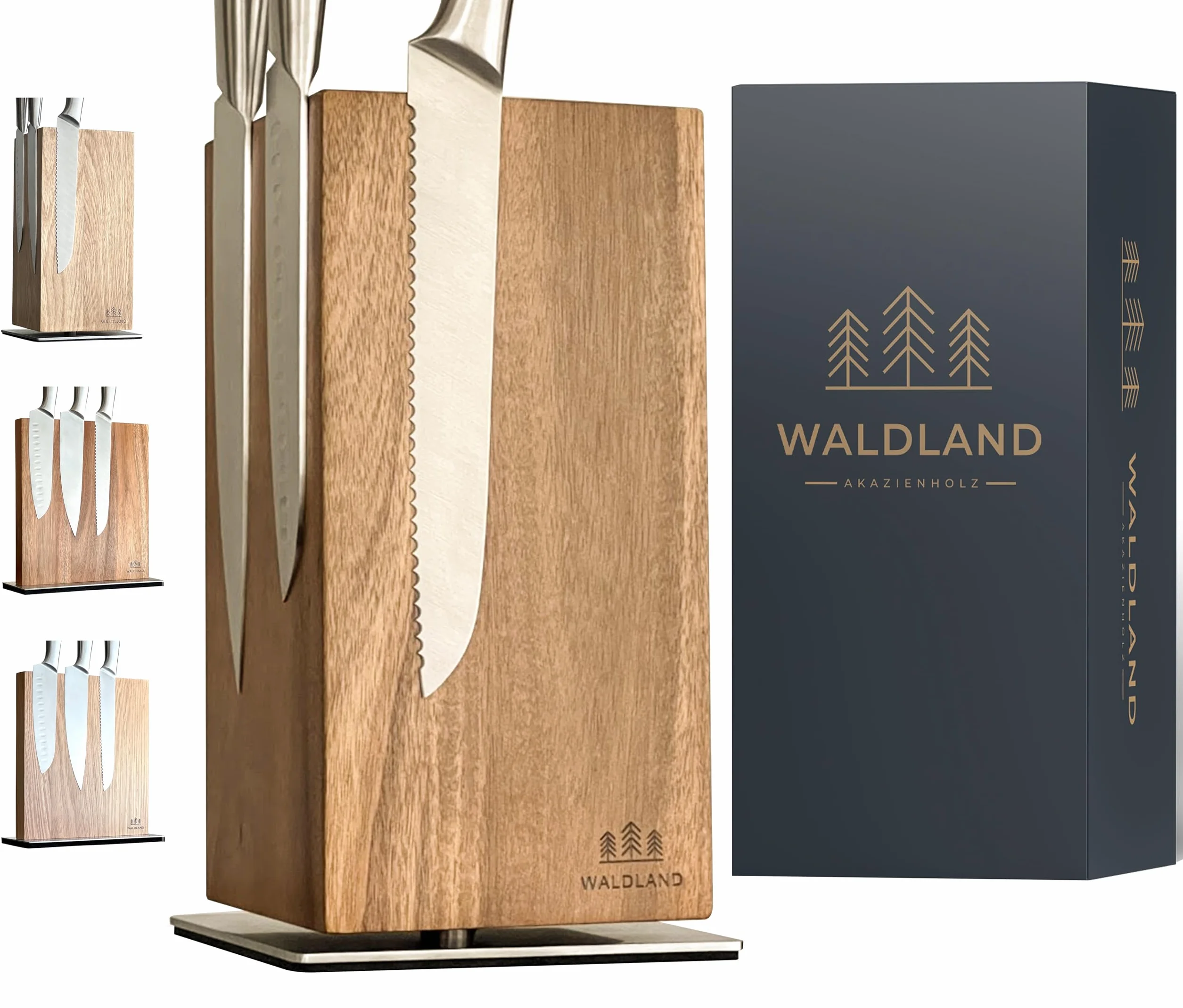 WALDLAND Blok na noże premium bez noża, magnetyczny blok na noże, obracany o 360°, ze szlachetnego i wytrzymałego drewna akacjowego, magnetyczny uchwyt na noże, blok drewniany, organizer kuchenny