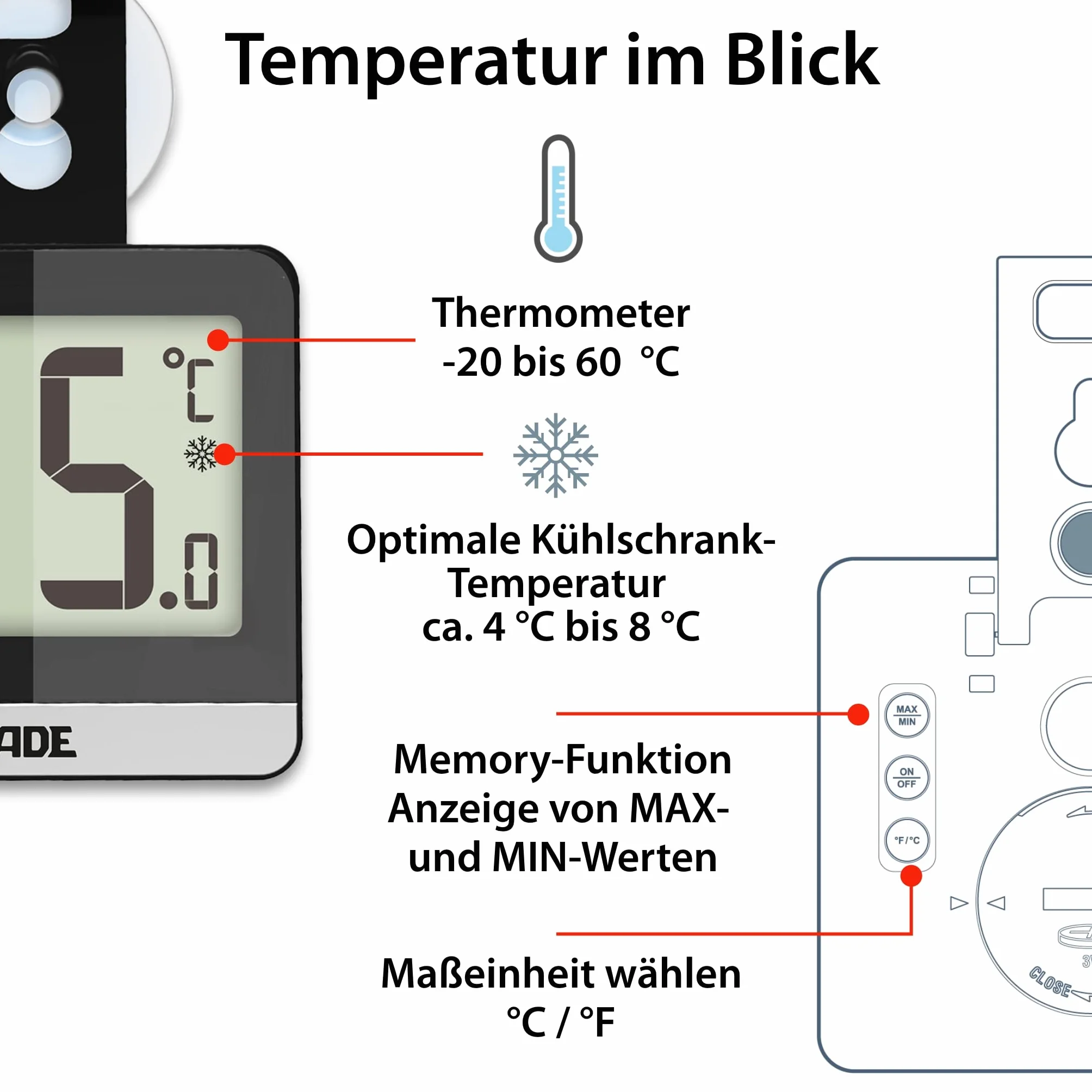 ADE Cyfrowy termometr do lodówki, magnetyczny termometr do zamrażarki i lodówki, duży wyświetlacz, od -20°C do 60°C, kolor czarny