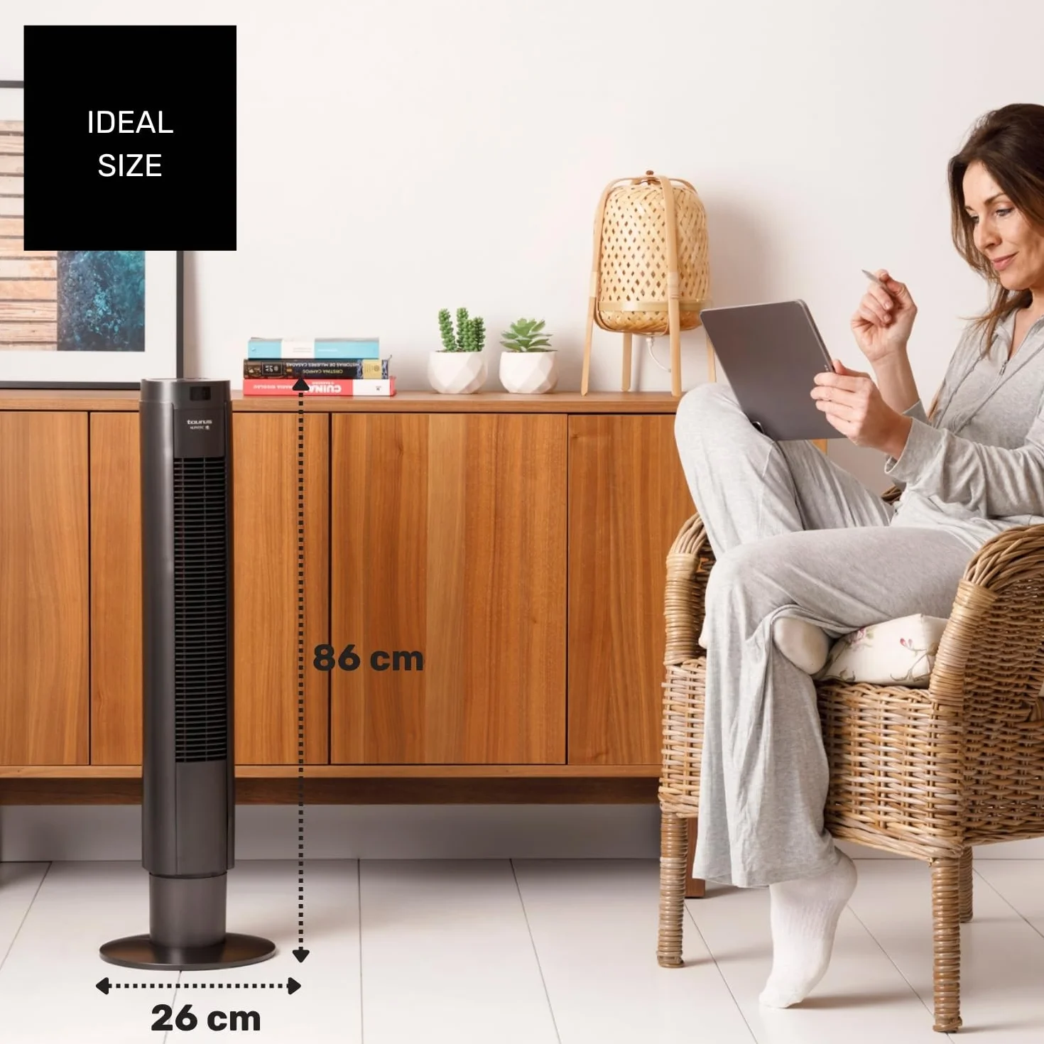 TAURUS BABEL II RCH - Wentylator wieżowy, 50W, wysokość 86 cm, 4 prędkości, 3 tryby pracy, 7,5h timer, oscylacyjny, dotykowy, cyfrowy wyświetlacz, pilot zdalnego sterowania