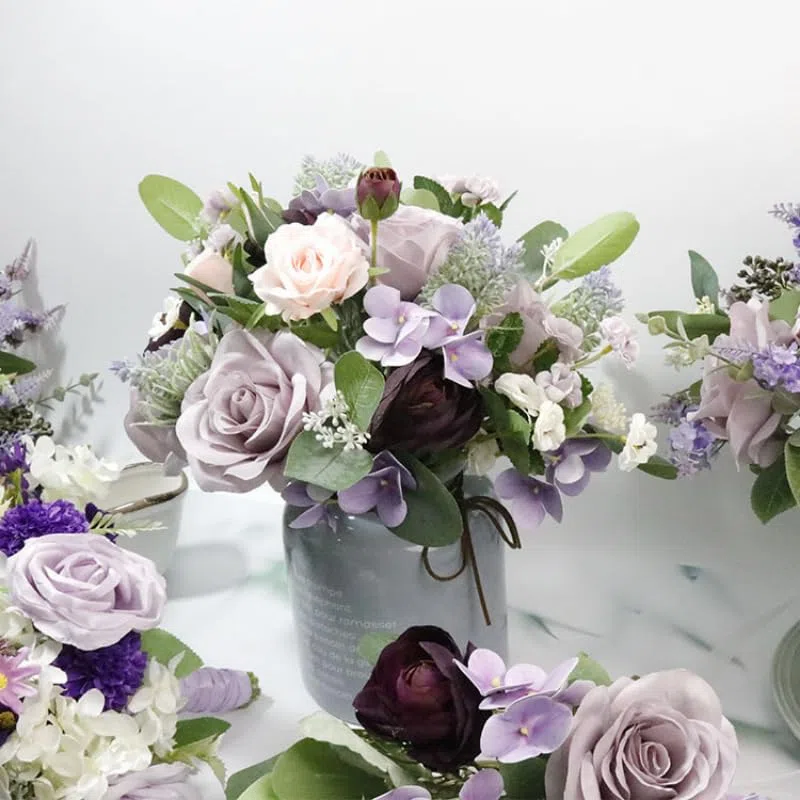 Fioletowy bukiet ślubny panny młodej druhny jedwabna wstążka róże sztuczne kwiaty trzymające panna młoda Mariage akcesoria ślubne dobrodziejstw (Color : Small style bouquet)
