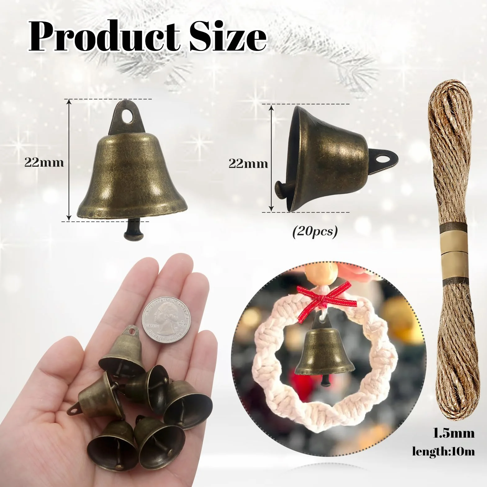 TOAOB dzwonki z brązu do majsterkowania 22 mm metalowe zestaw z liną konopną