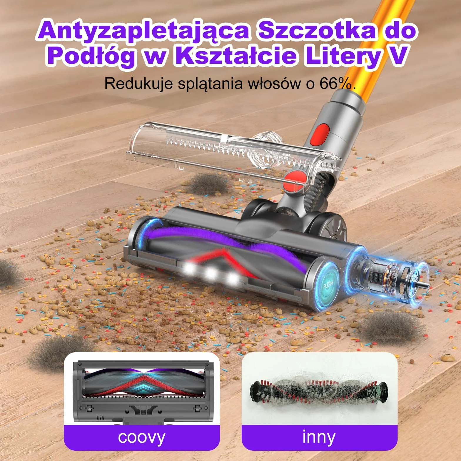 coovy SU7 Odkurzacz Akumulatorowy 580W/45Kpa/70Min, Ekrany Dotykowe LED, 1.3 L Bezprzewodowy Odkurzacz Antysplątaniowy, do Podłóg/Dywany/Sierści Zwierząt