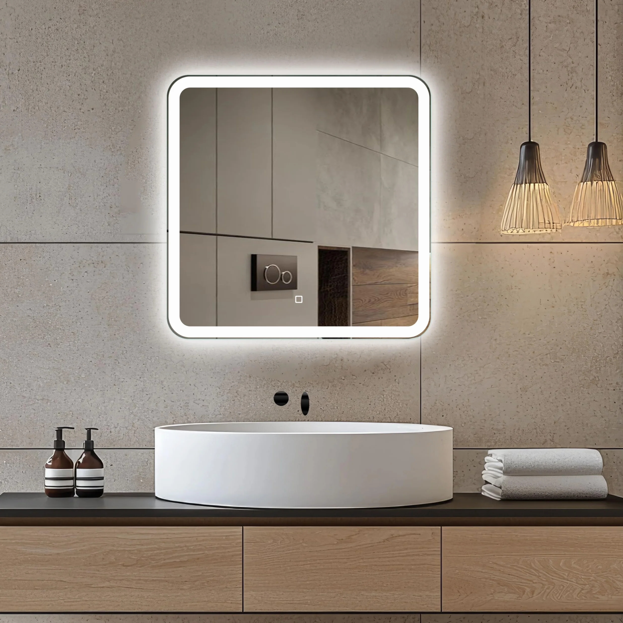 Venti Kwadratowe Lustro Łazienkowe LED 60x60cm, Lustro ścienne z oświetleniem LED, Naturalne Białe Światło, Zaokrąglone rogi, Podświetlane z przodu