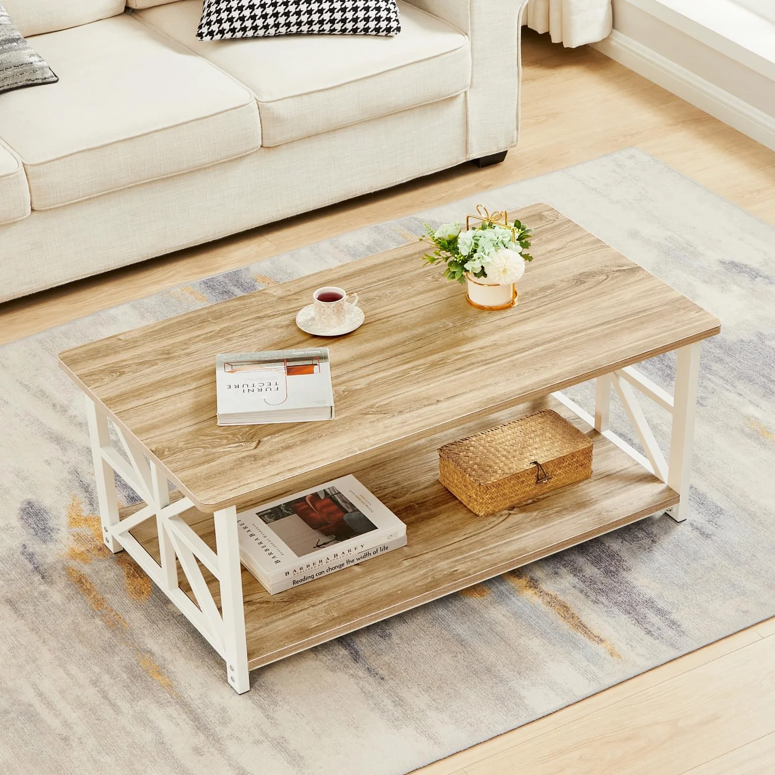 GreenForest Okrągły Narożny Stolik 100 cm z Półką, 2-poziomowa Rama X, Nowoczesny Design