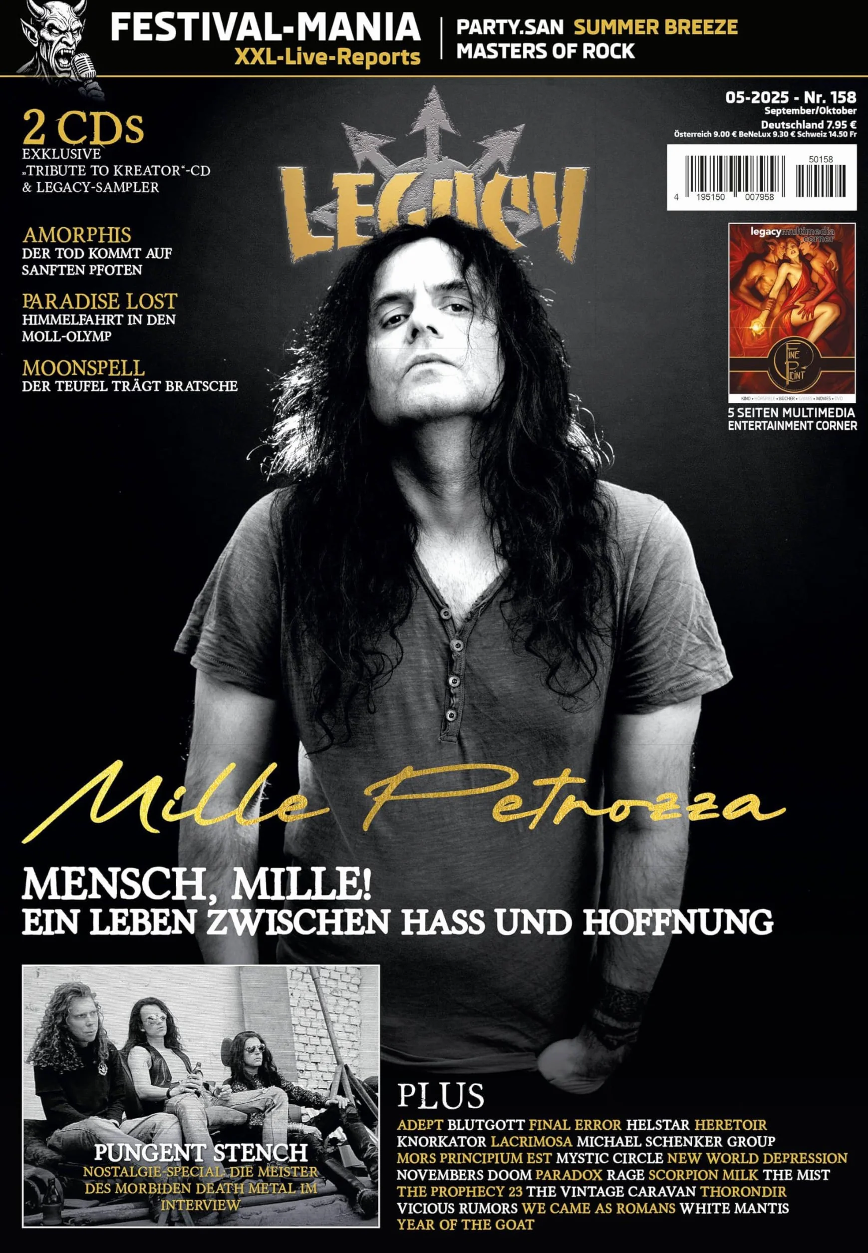 LEGACY MAGAZIN: THE VOICE FROM THE DARKSIDE. Ausgabe #158 (5/2025): mit MILLE PETROZZA inkl. 2CDs "Tribute to Kreator" & Legacy-Sampler, sowie ... Moonspell, Adept, Lacrimosa und Knorkator