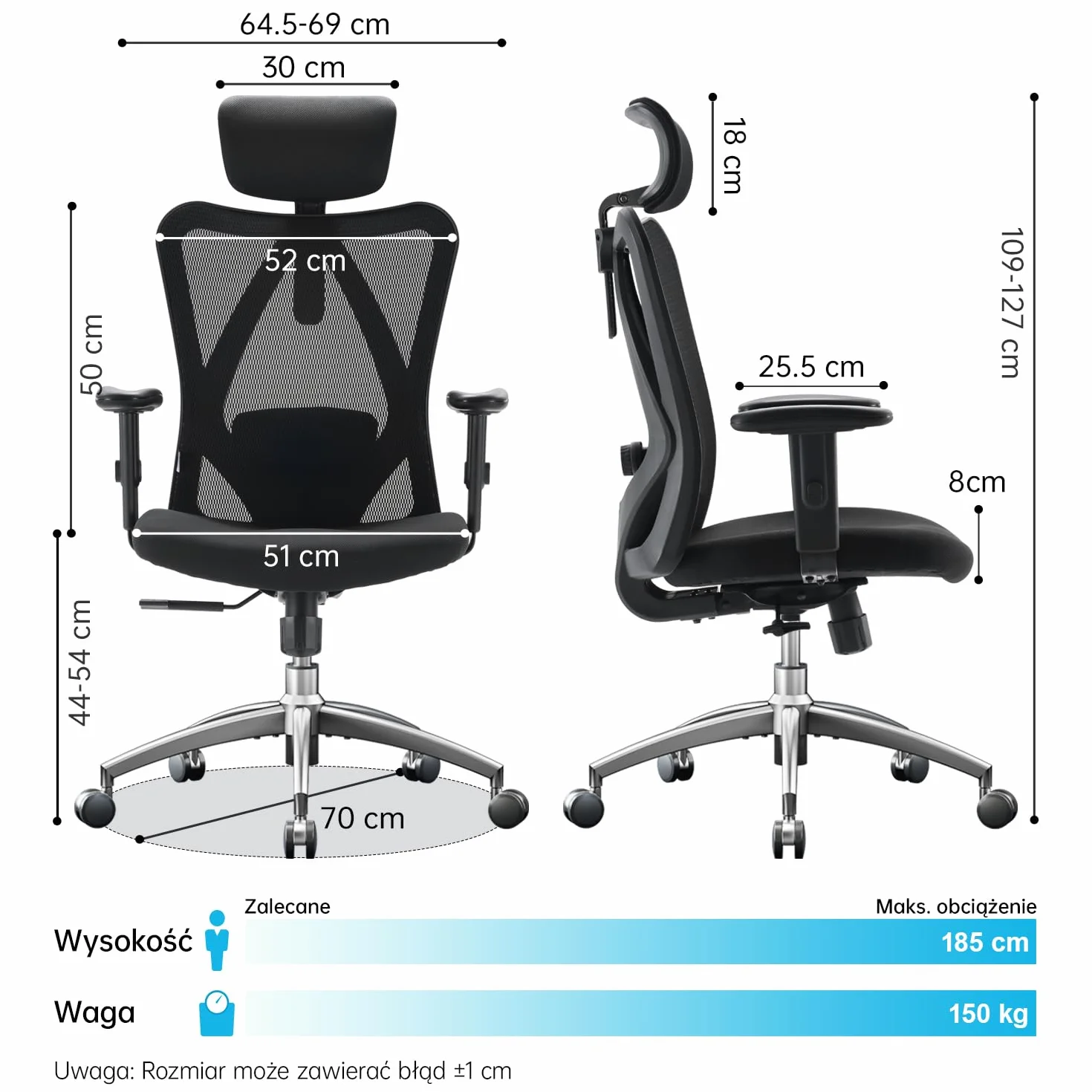 SIHOO Ergonomiczne krzesło biurowe,komputerowe z regulowanym podparciem lędźwiowym i zagłówkiem, oddychające siatkowe krzesło do gier z wygodną grubą poduszką i regulowanymi podłokietnikami (czarne)