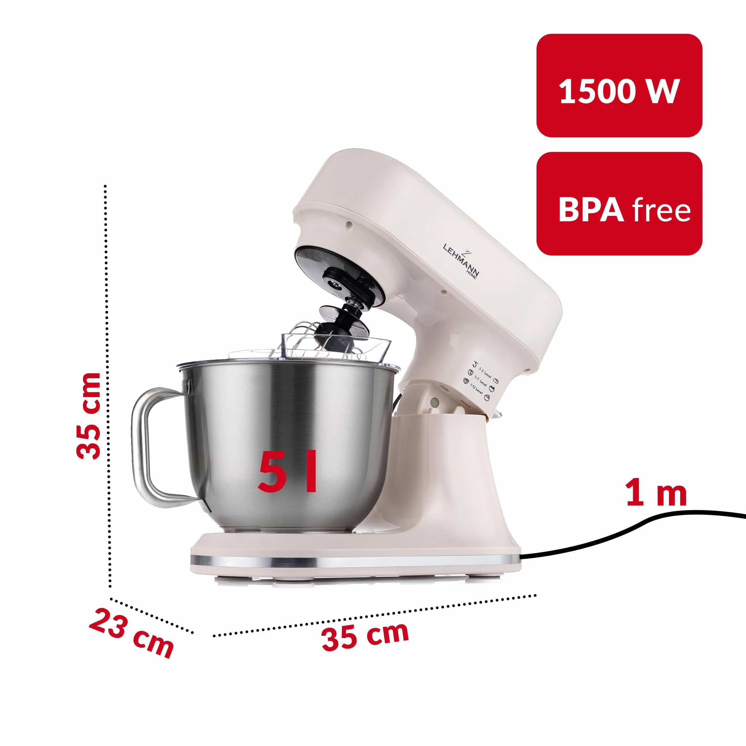 LEHMANN Robot planetarny kuchenny Aristo 1500 W funkcja fermentacji ogrzewania 12 prędkości timer miska 5 l