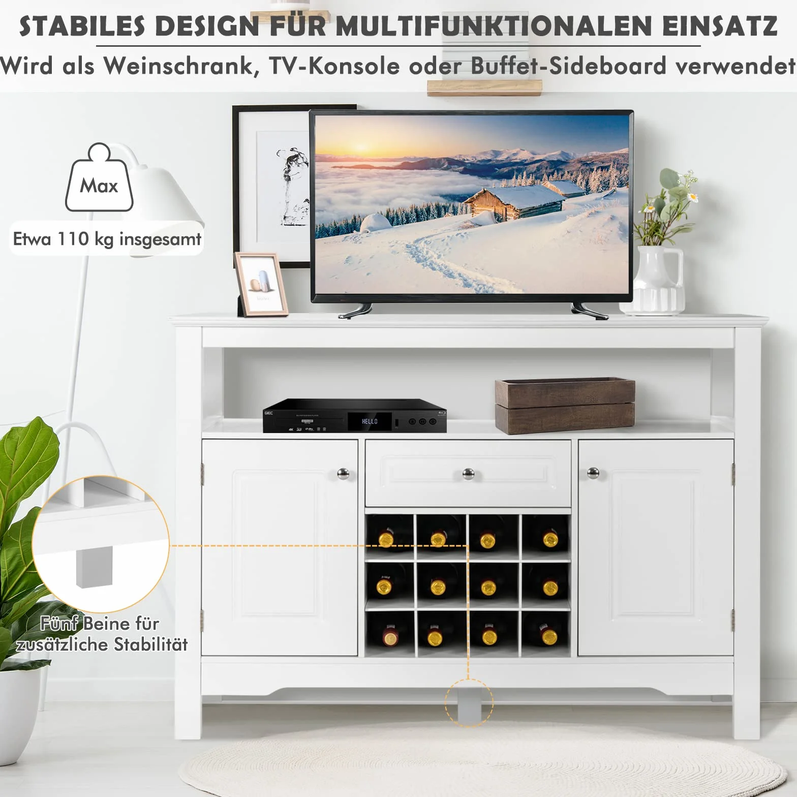 GOPLUS Kredens z Regałem na Wino Szafka Kuchenna 117x40,5x85,5 cm Biały