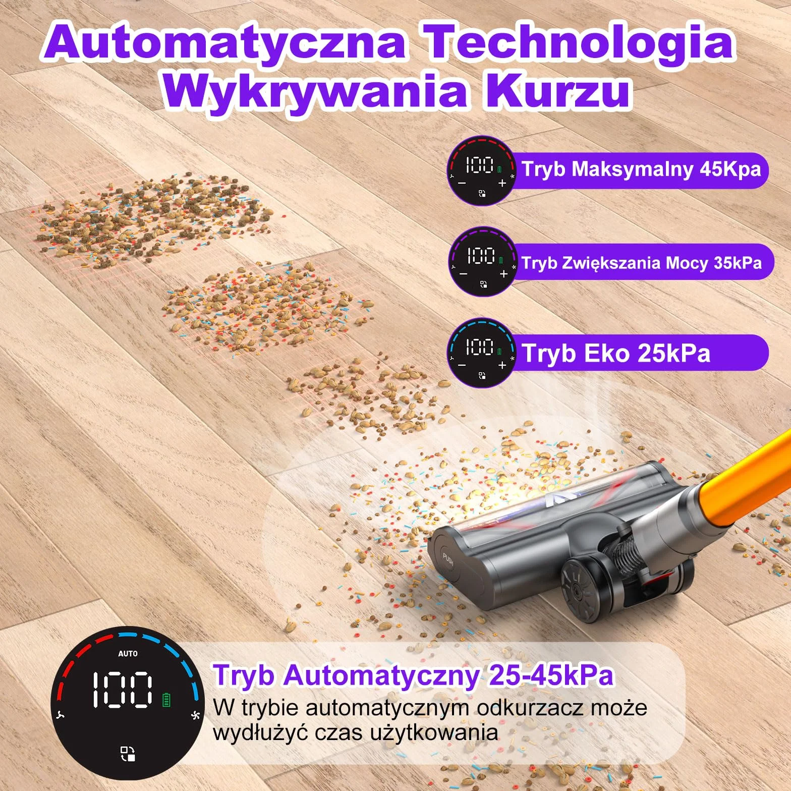 coovy SU7 Odkurzacz Akumulatorowy 580W/45Kpa/70Min, Ekrany Dotykowe LED, 1.3 L Bezprzewodowy Odkurzacz Antysplątaniowy, do Podłóg/Dywany/Sierści Zwierząt