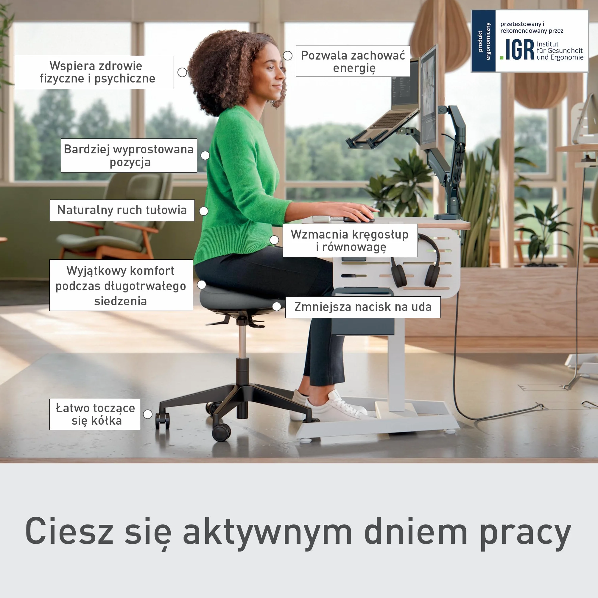 Leitz Ergo Active Stołek na Kółkach Ergonomiczny z Regulacją Wysokości 47-60cm Siedzisko z Poduszką Pianki Podwójnej Gęstości Czarny