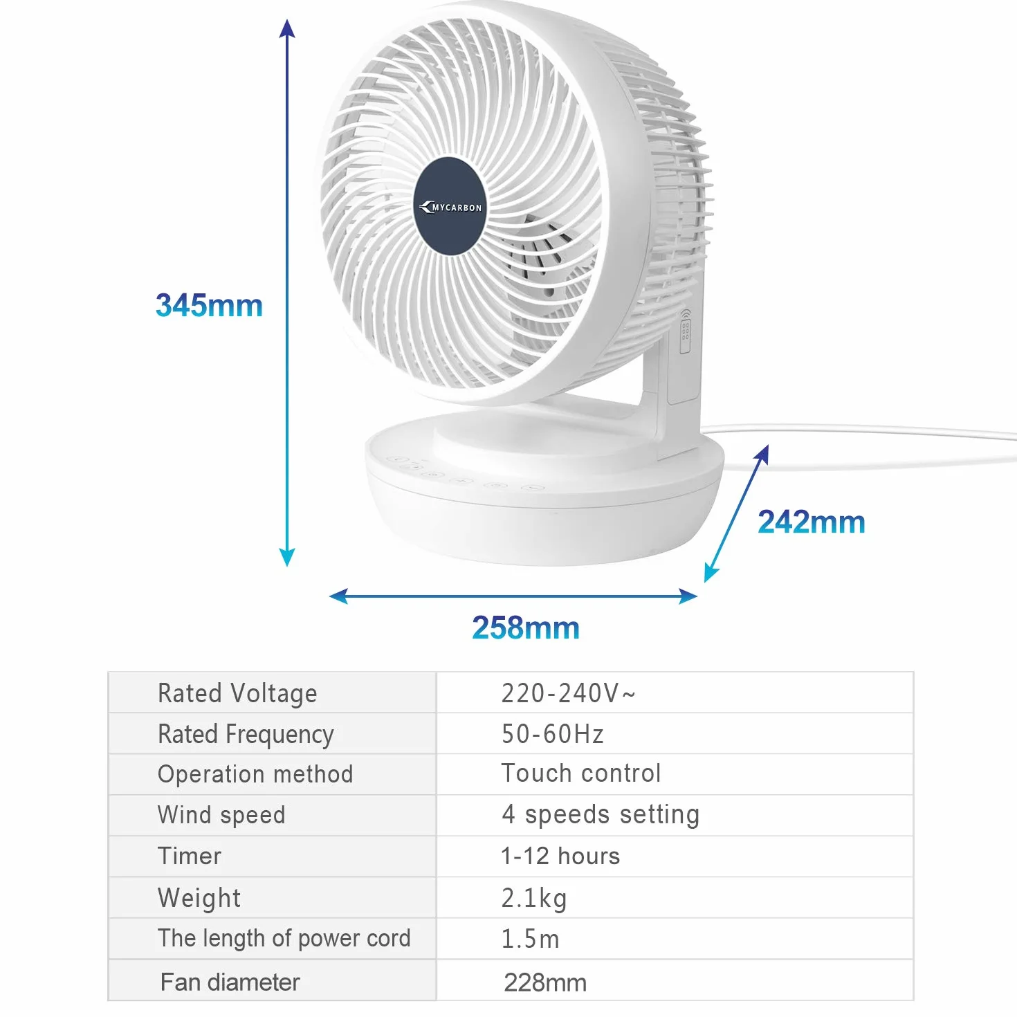 MYCARBON Cichy turbo-wentylator zapewniający obieg powietrza w pomieszczeniach do 30 m² | Tryb ECO zwiększa wydajność o 80% | czasomierz 12 h z pilotem zdalnego sterowania,