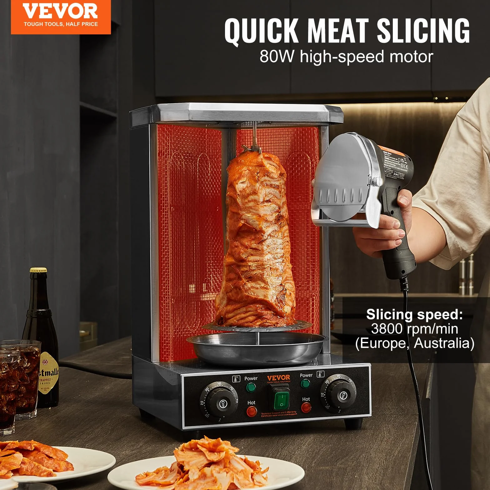 VEVOR Elektryczny nóż do kebabu 80 W, turecka krajalnica do mięsa Shawarma Döner Kebab ze stali nierdzewnej, nóż do żyroskopu z 2 ostrzami o średnicy 100 mm, regulowana grubość 0-8 mm, do restauracji,