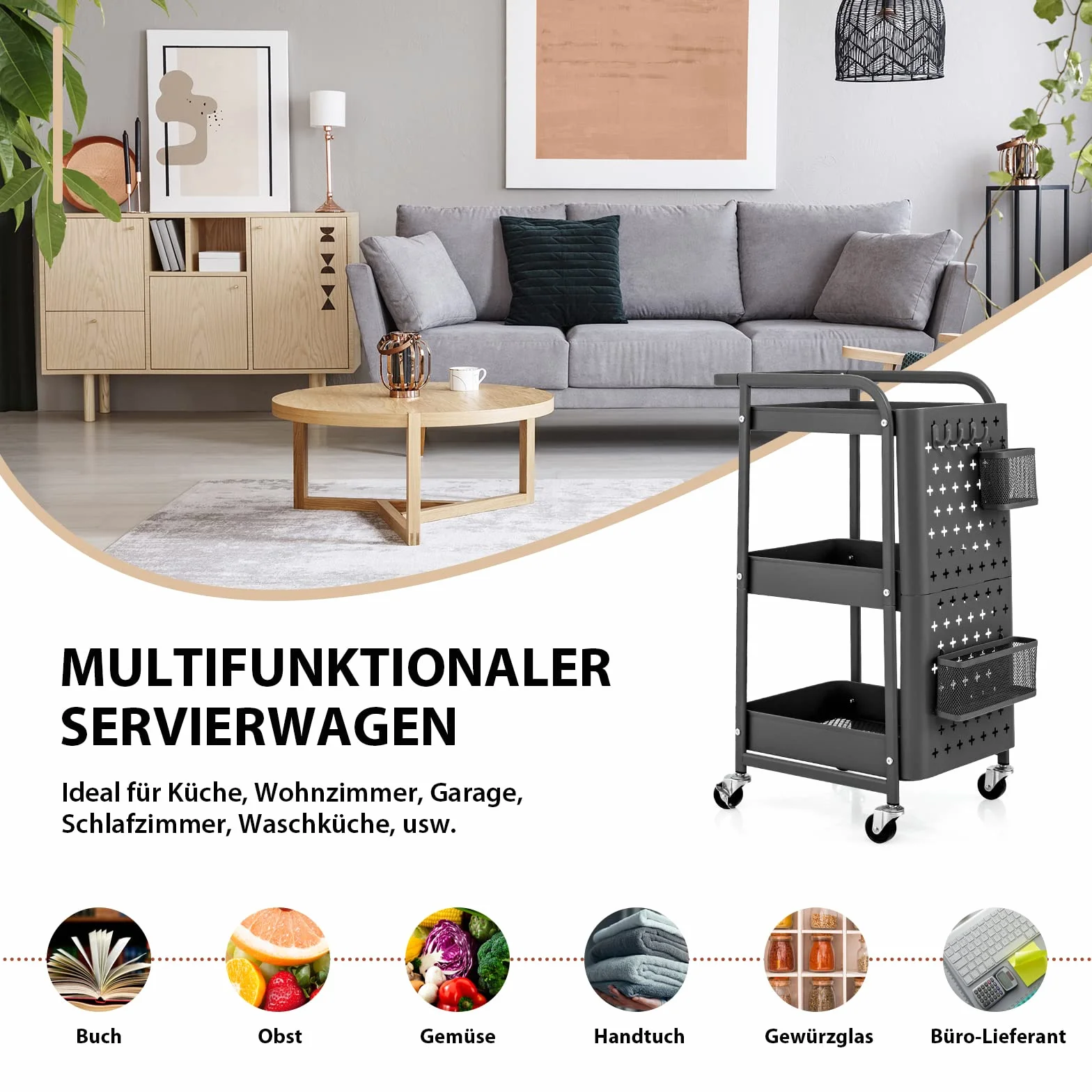 COSTWAY Wózek kuchenny 3 poziomy metalowy z 2 tablicami wtykowymi i 4 haczykami