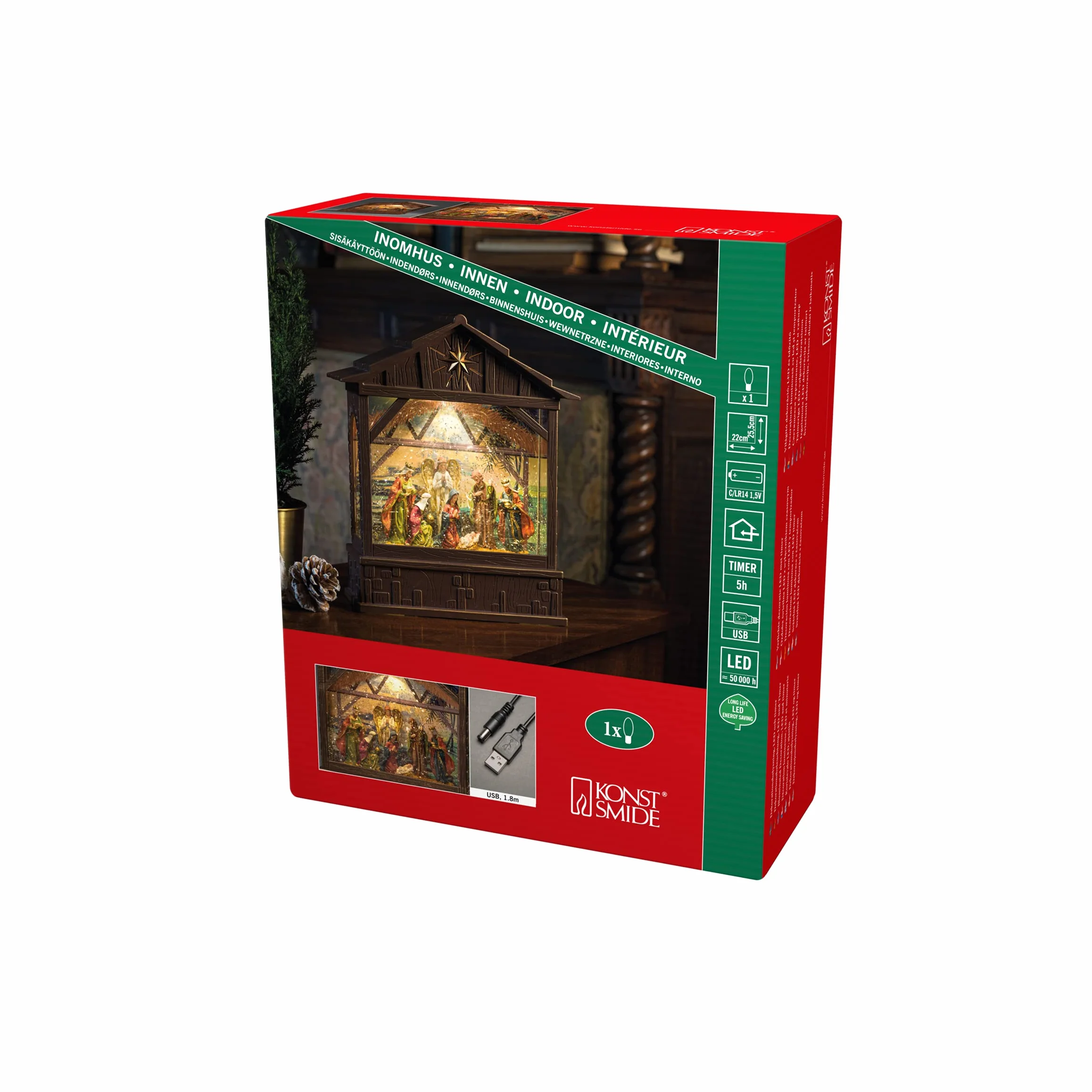 Konstsmide LED Snow Globe Boże Narodzenie szopka bożonarodzeniowa wypełniona wodą/dekoracje świąteczne wewnętrzne światła bateryjne/timer/zasilanie bateryjne: 3xC 1,5 V (z wyłączeniem) lub USB