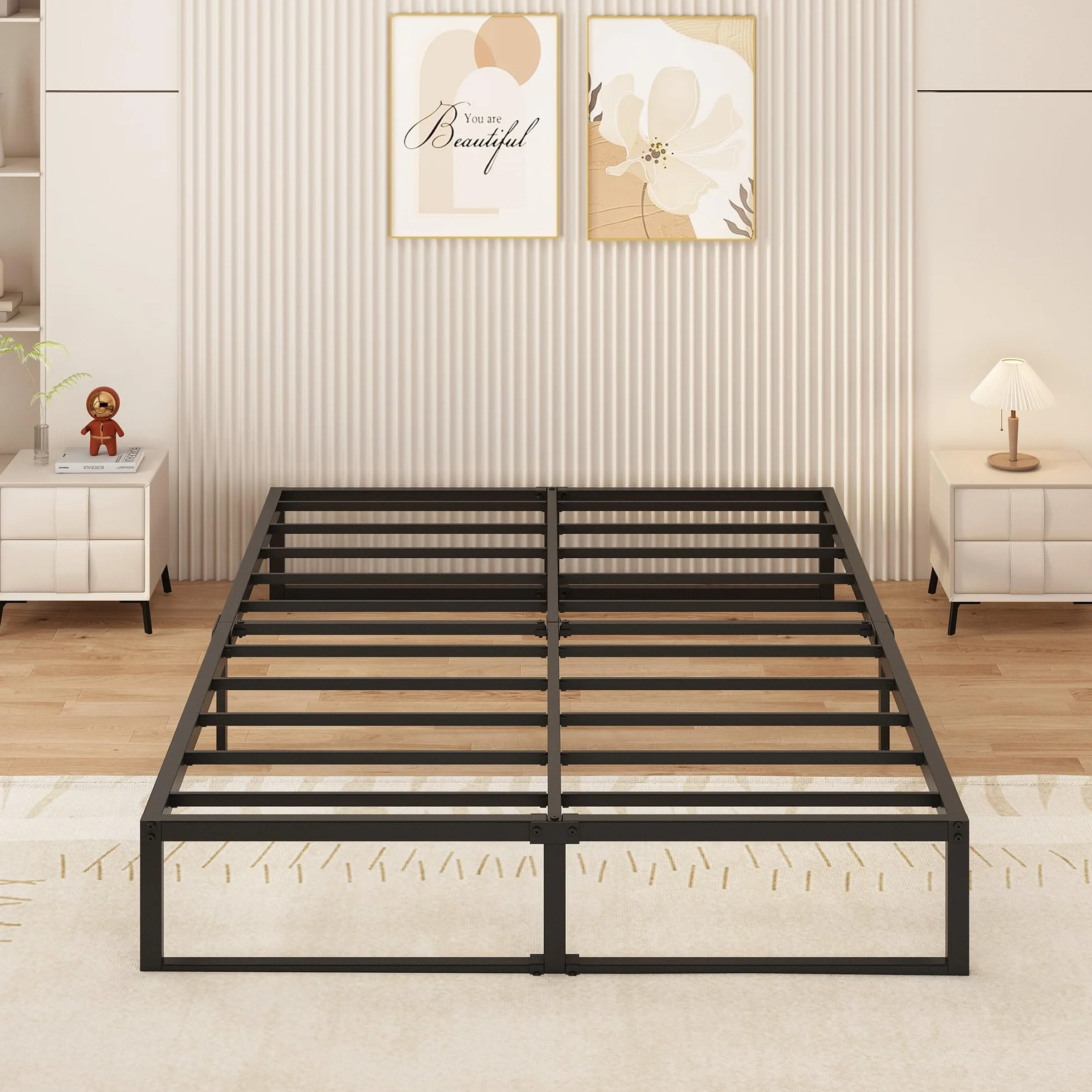 Yicensen Rama łóżka Super King 180 x 200 cm, metalowa platforma, super king size, ze stalowymi listwami, łatwy montaż, bez hałasu, nie wymaga sprężyny skrzynkowej, wysokość 36 cm, czarna