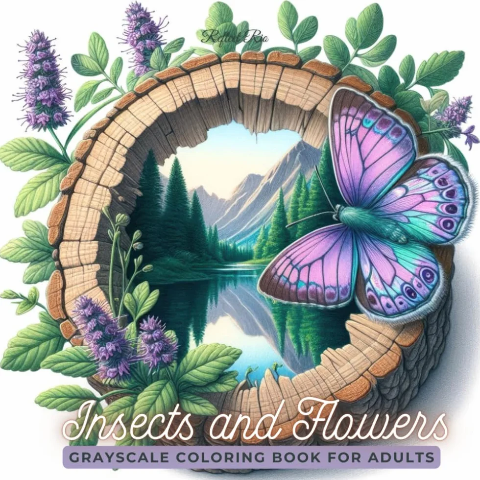 Insects and Flowers: Beautiful Hollow Trees with Scenic Views and Winged Insects - A Relaxing Grayscale Coloring Book for Adults