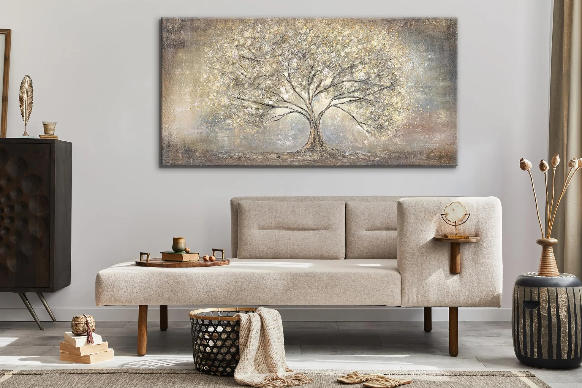 YS -Art Ręcznie malowany obraz akrylowy na płótnie Złote drzewo Złote abstrakcja krajobraz Sztuka ścienna do salonu Nowoczesne dzieło sztuki 122 x 61 cm