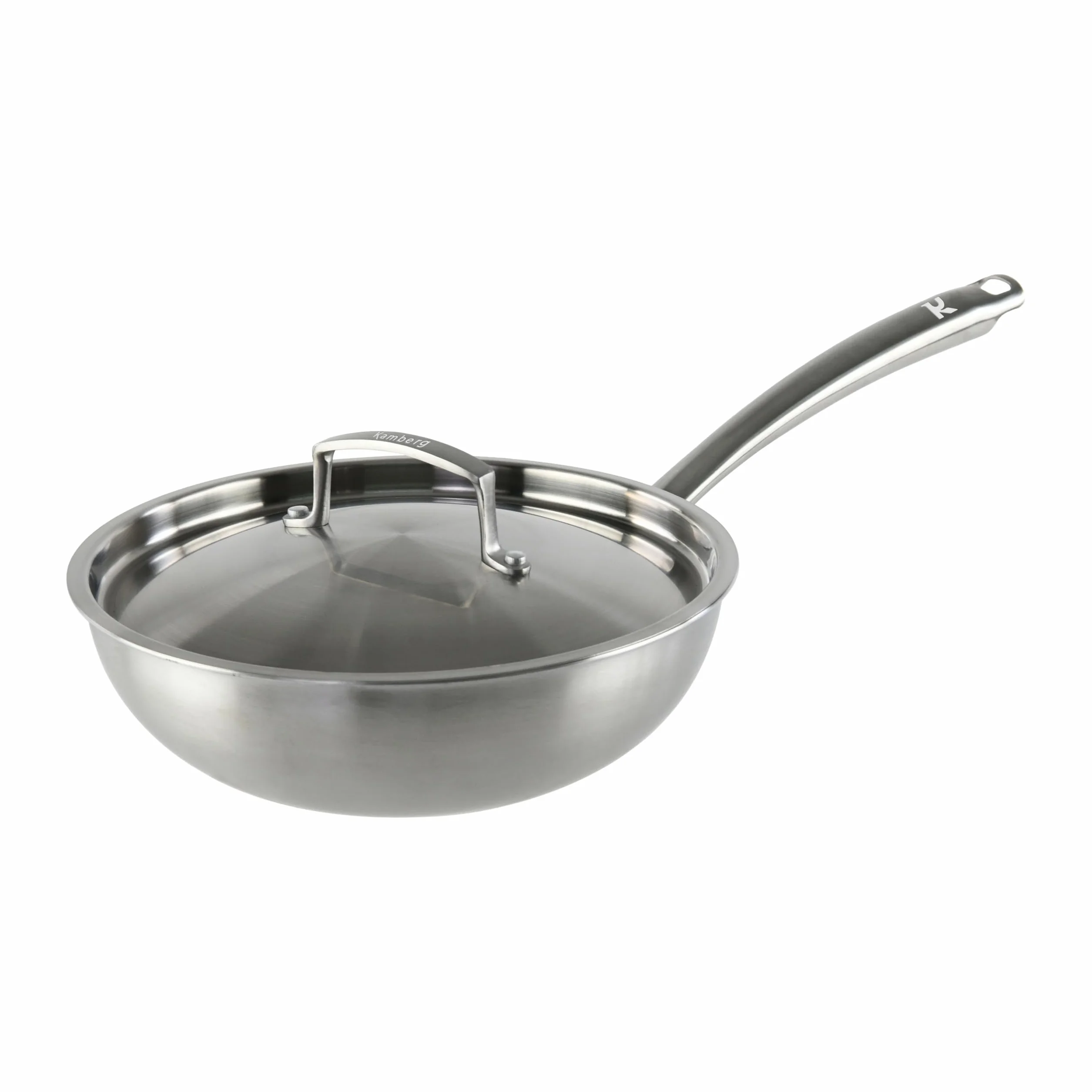 KAMBERG - Wok Ø28 cm ze stali nierdzewnej 18/10 Triply - bez PFAS - Pokrywa w zestawie - Wszystkie palniki indukcyjne i piekarnik - 0008281