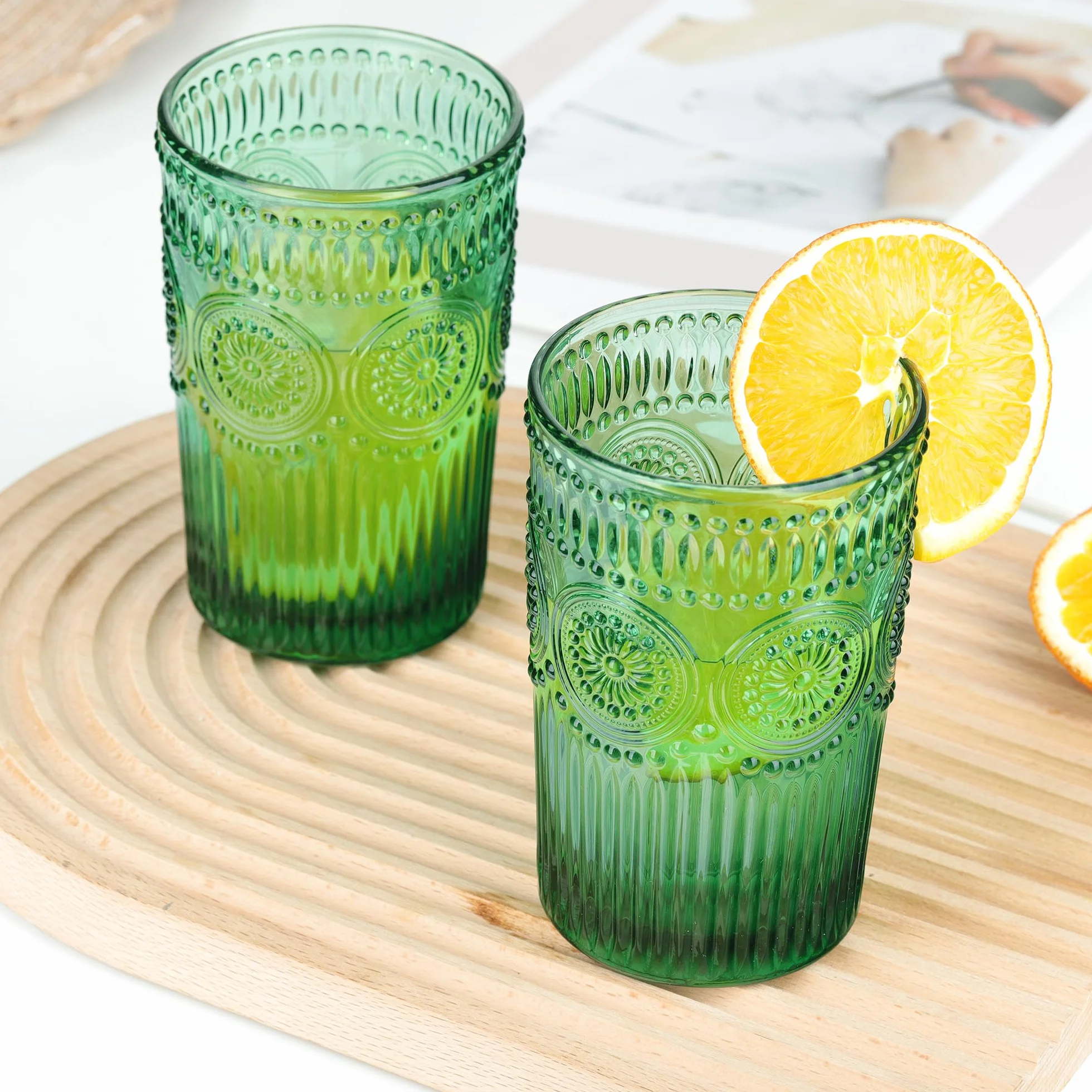 Joeyan Zielone szklanki vintage tłoczone kubki na wodę zestaw 4 sztuk 350 ml
