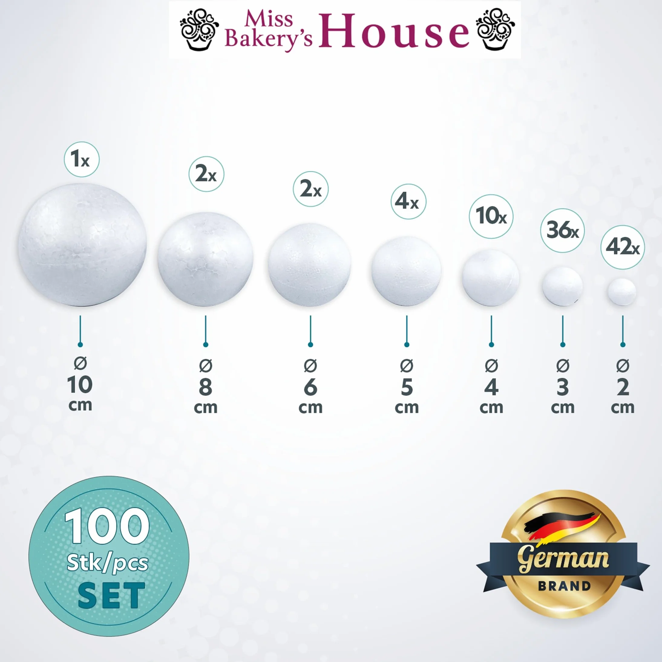 Miss Bakery's House® Kulki styropianowe - Pełny zestaw - 100 sztuk - 1x10, 2x8, 2x6, 4x5, 10x4, 36x3, 42x2 - kreatywny zestaw DIY do robótek - Kulka styropianowa - Surowiec - Filcowanie - Découpage
