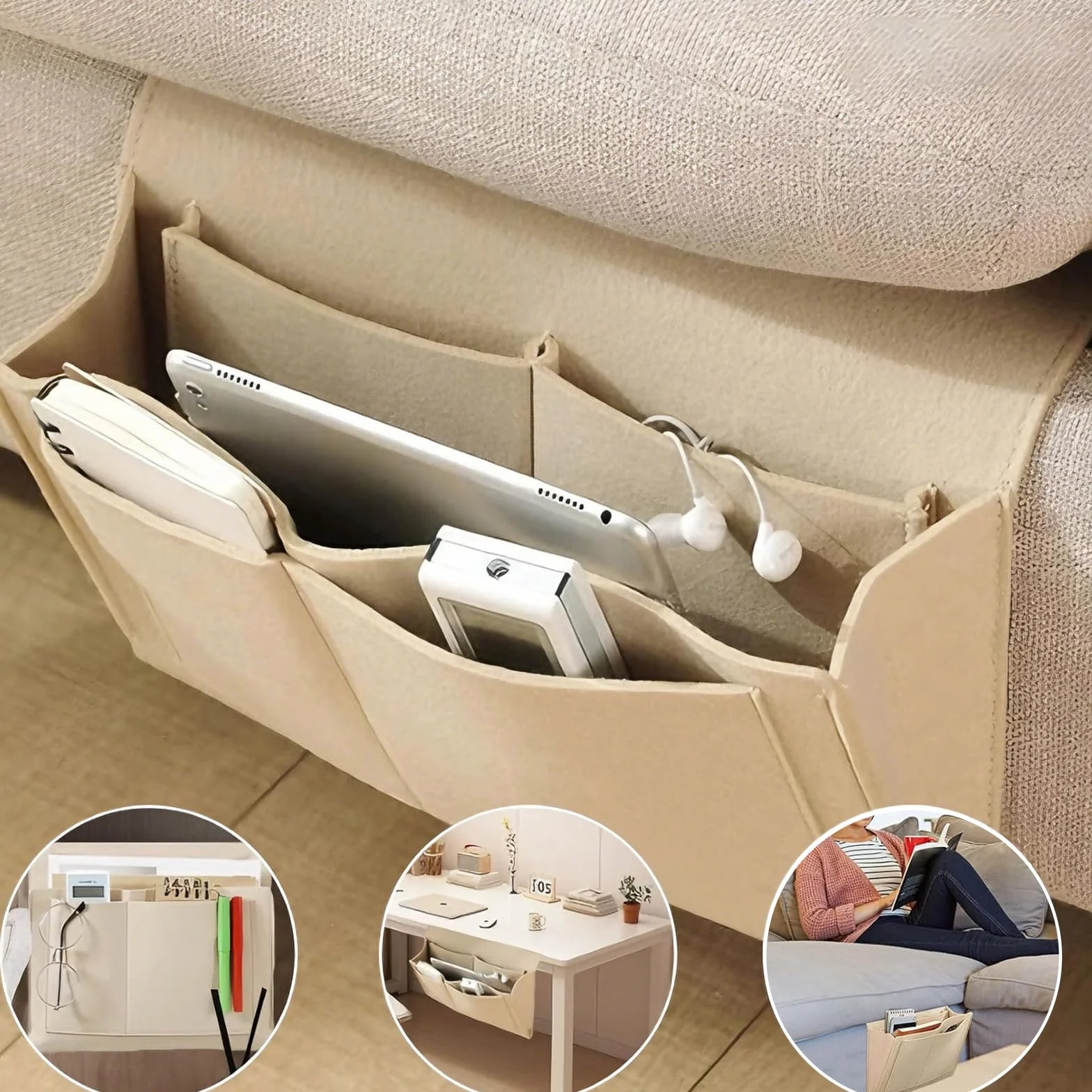 HhBdy Pusta kieszeń na łóżko, wisząca kieszeń na łóżko, filcowany organizer na łóżko, wisząca torba 32 × 20 cm, wisząca torba do przechowywania telefonu w czasopismach (beżowy)