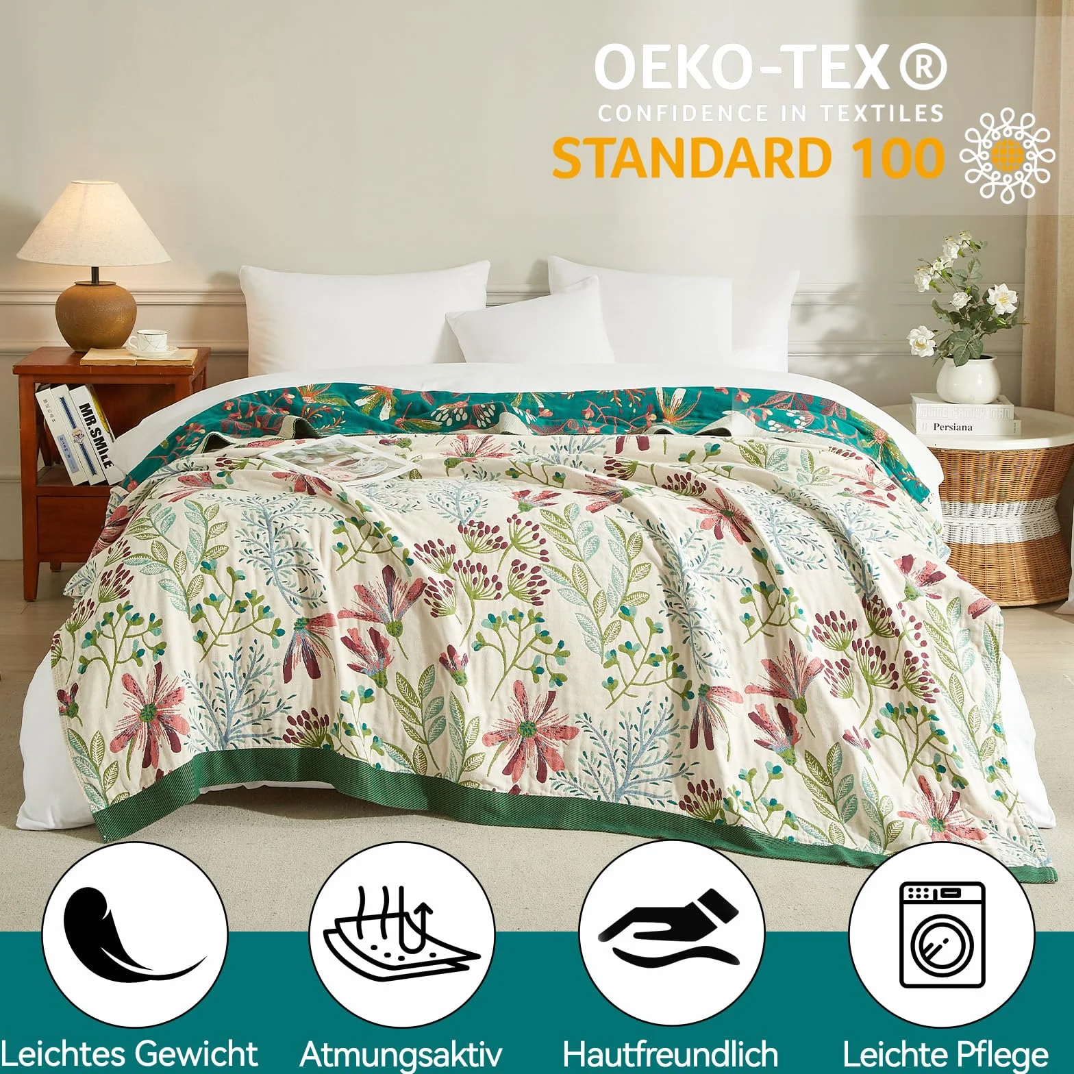 Bailix koc boho 100% bawełna 230 x 250 cm muślin frędzle dwustronny patchwork Zielony Beżowy