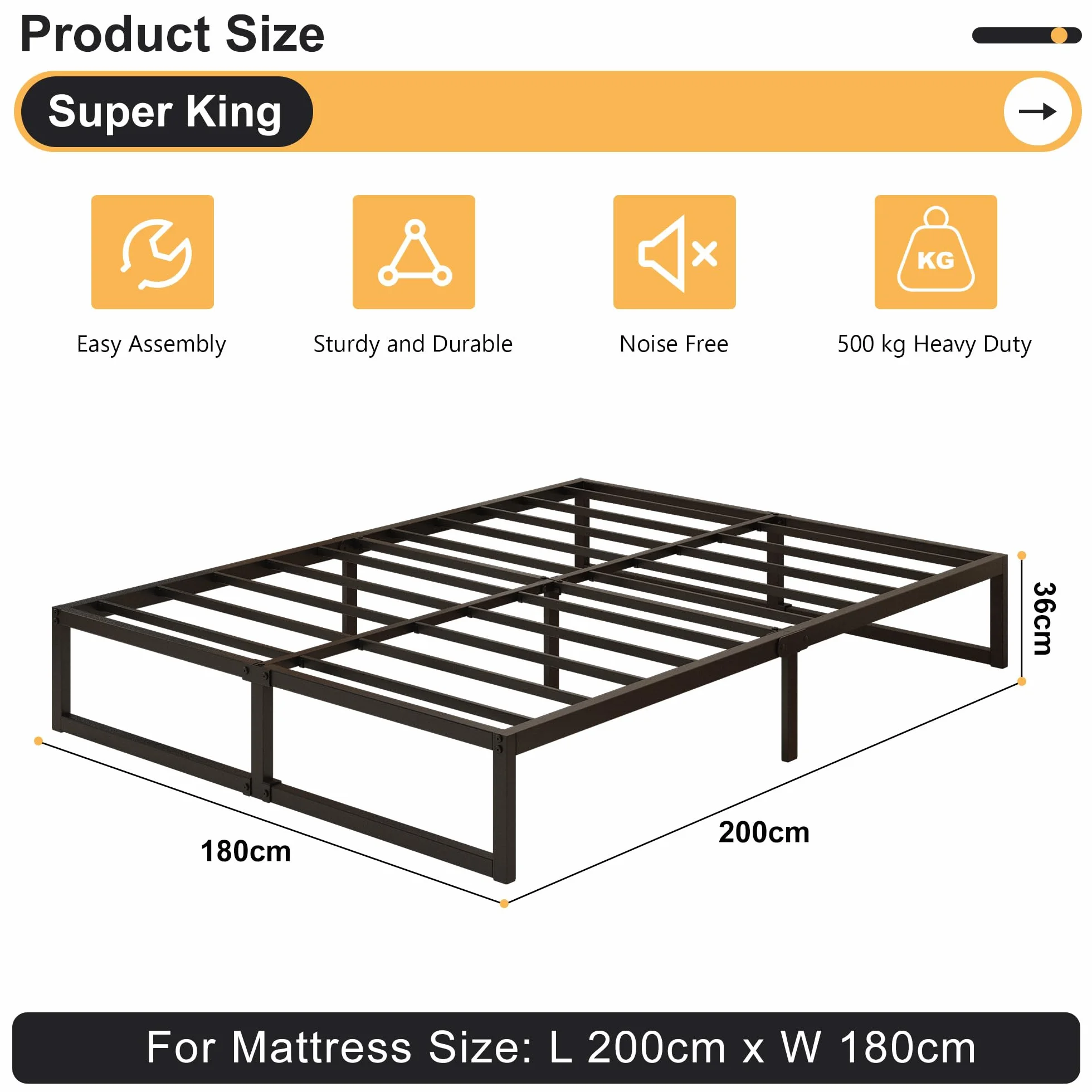 Yicensen Rama łóżka Super King 180 x 200 cm, metalowa platforma, super king size, ze stalowymi listwami, łatwy montaż, bez hałasu, nie wymaga sprężyny skrzynkowej, wysokość 36 cm, czarna