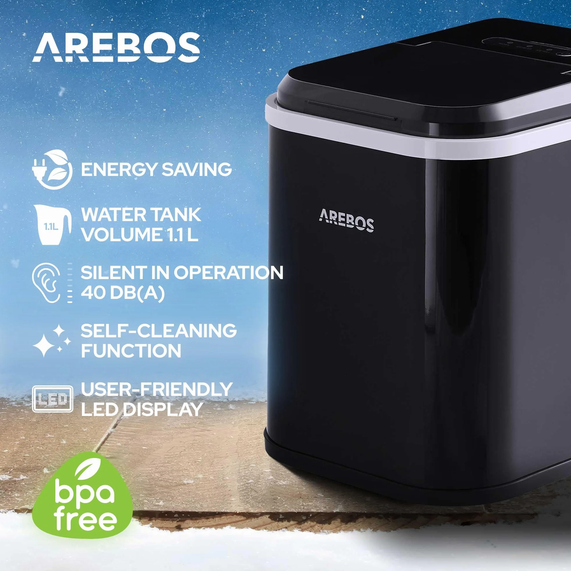 Arebos Kostkarka do lodu | 12 kg / 24 h | czas produkcji 10-15 minut | zbiornik na wodę o pojemności 1,1 l | kostkarka do lodu | cicha praca | funkcja samoczyszczenia | czarna
