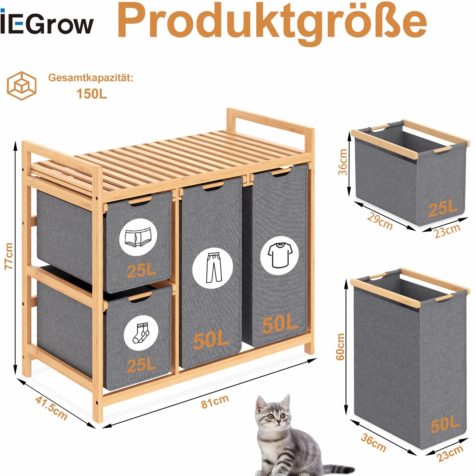 iEGrow Kosz na pranie, 3 przegródki z półką, bambusowy kosz na pranie na kółkach, 3 x 50 l wysuwane worki na pranie, szary organizer na pranie, 3-częściowy kosz na pranie do sypialni, łazienki, pralni