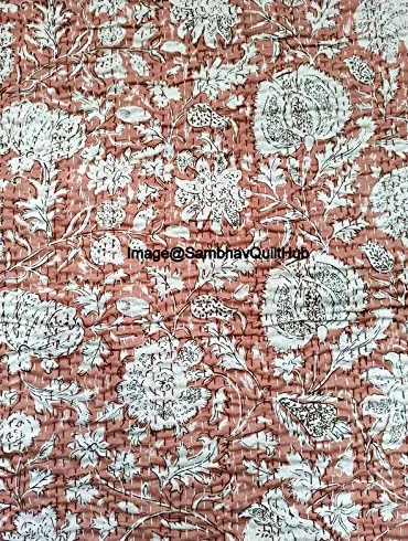 Indyjski blok na rękę, kwiatowy nadruk, ręcznie robiona bawełna Kantha, pikowanie, boho, narzuta, koc, hipisowska królowa, rozmiar king size, boho, blok Kantha, kołdra, 152 x 228 cm
