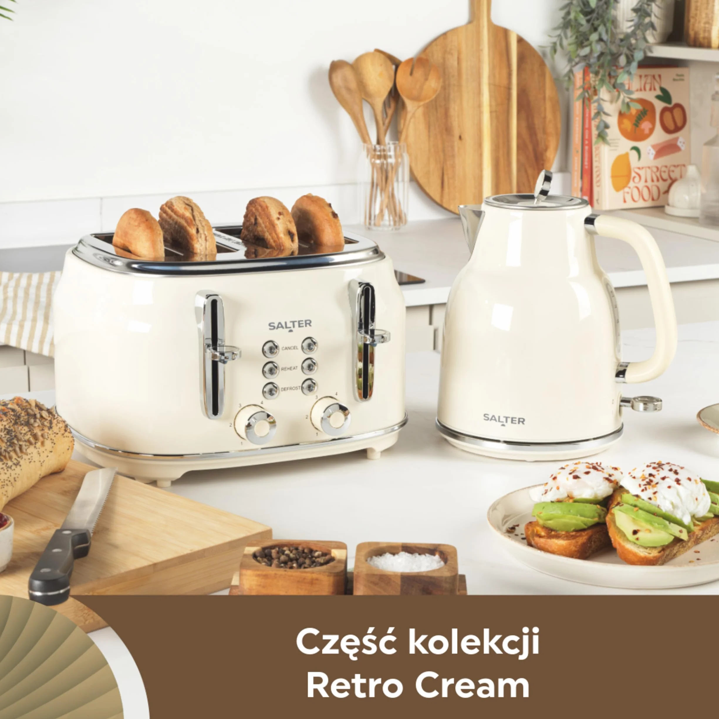 Salter EK5739CRM Retro Toster Szerokie szczeliny 6 poziomów opiekania funkcja rozmrażania podgrzewania