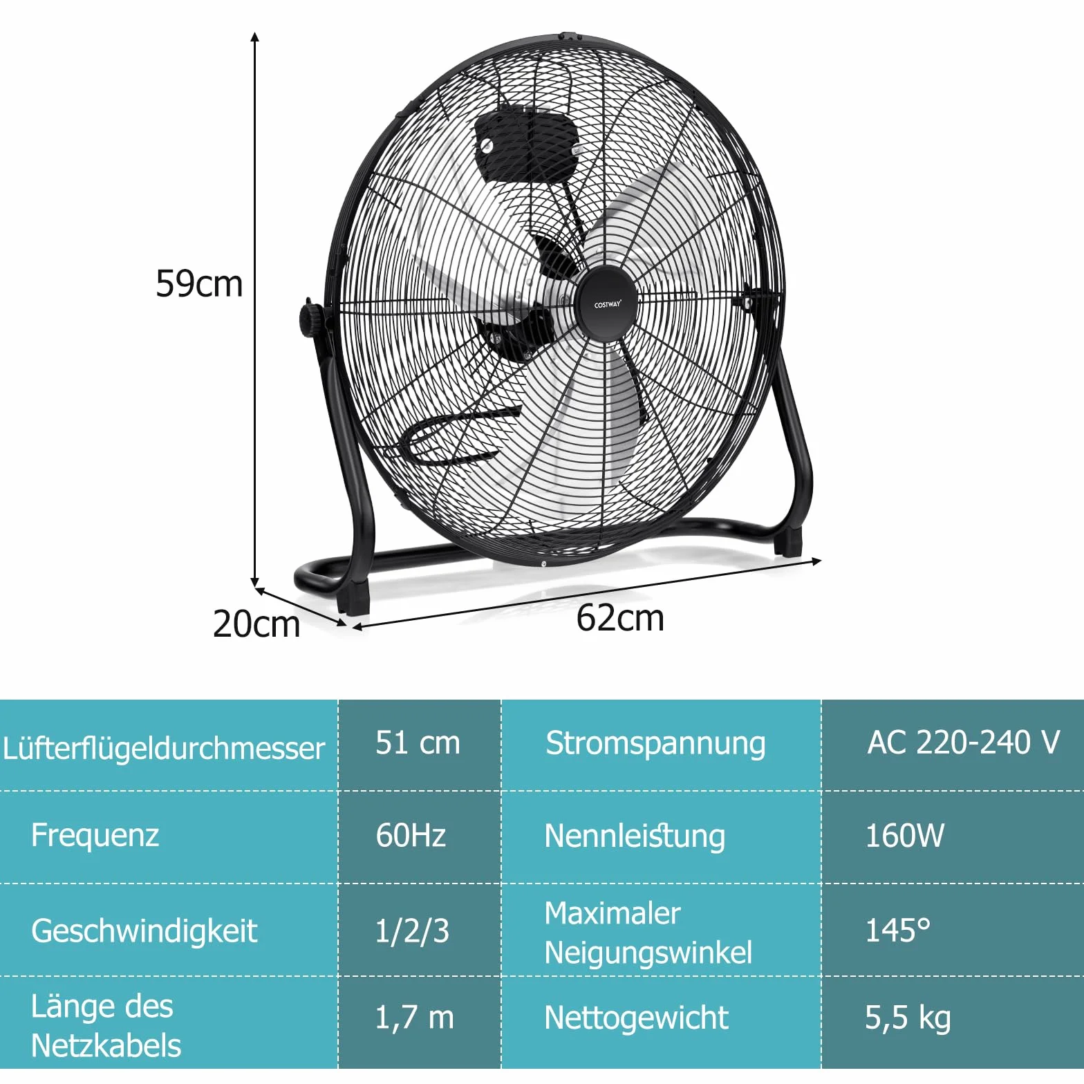 COSTWAY Wentylator podłogowy 51 cm 160 W 3 prędkości chromowany