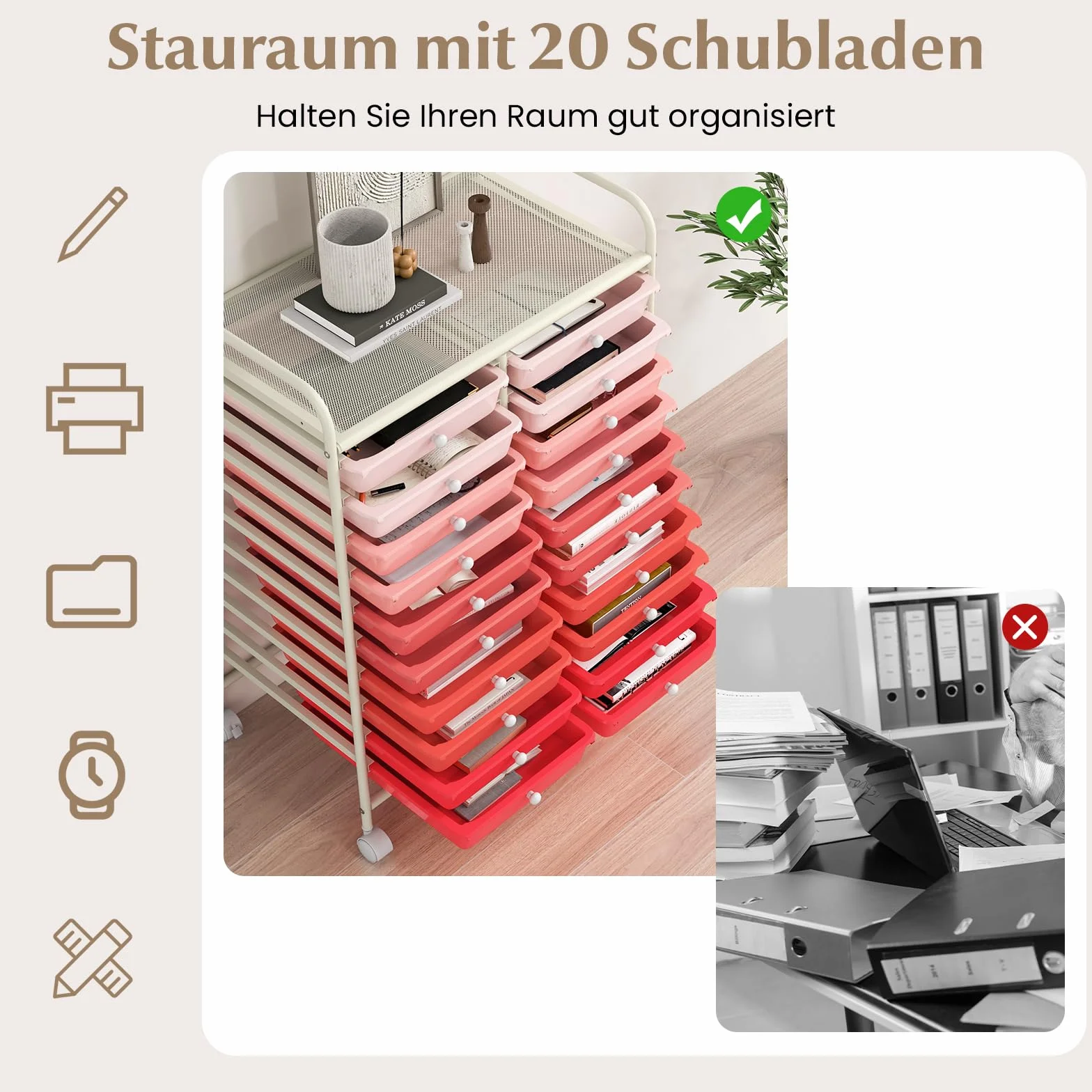 COSTWAY Wózek z 20 szufladami z możliwością układania w stos, wózek z szufladami, kontener na kółkach z metalowym stelażem i półką, wózek łazienkowy, wózek pomocniczy, do biura, salonu (różowy)