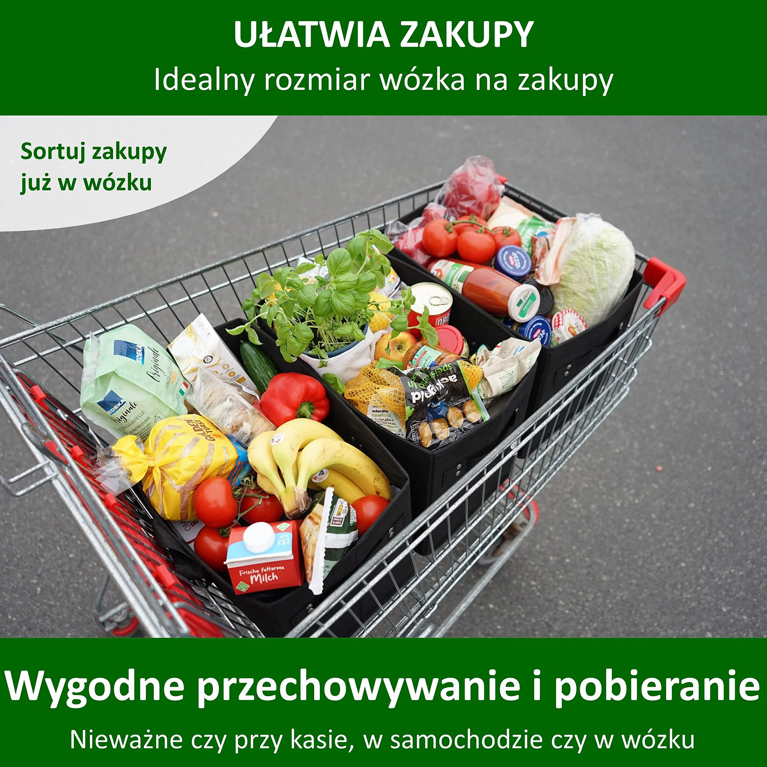 COTTARA Torba na zakupy premium, składana, 3 sztuki – stabilny kosz na zakupy wielokrotnego użytku ze składanym wzmocnionym dnem, w zestawie 3 x siatka na owoce i warzywa – 38 x 23 x 31 cm, szara