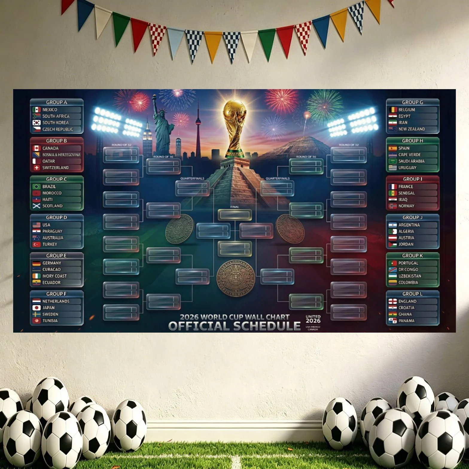 Plakat z planem meczów MŚ 2026 – turniej piłkarski FIFA, przegląd ścienny, 48 drużyn, drzewo turniejowe, artykuł dla fanów Mistrzostw Świata, dekoracja na imprezę piłkarską, prezenty dla fanów piłki
