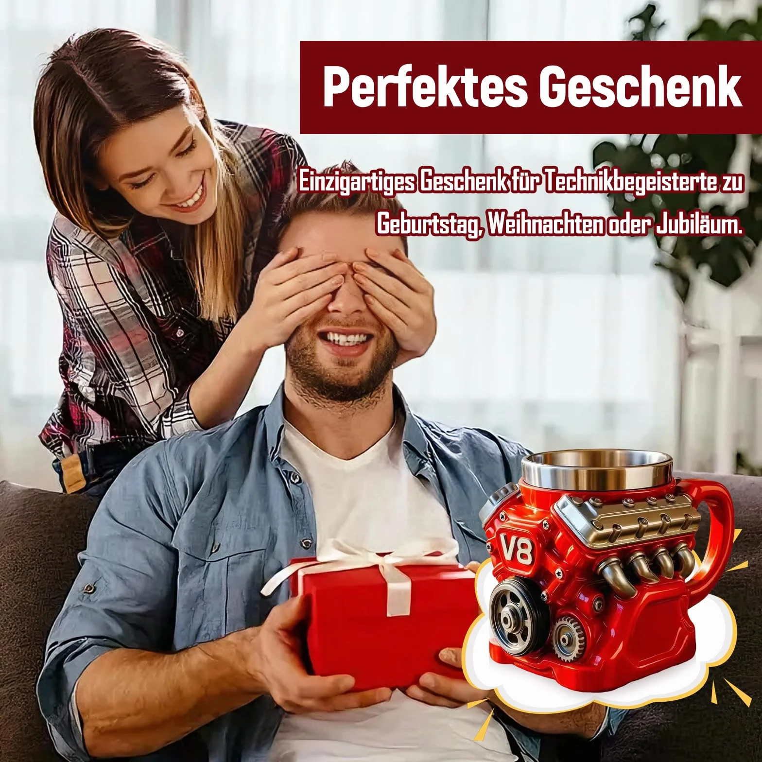 V8 Kubek do kawy z silnikiem V8 ze stali nierdzewnej, podwójne ścianki, izolowany, szczegółowy design, idealny prezent dla mężczyzn i taty