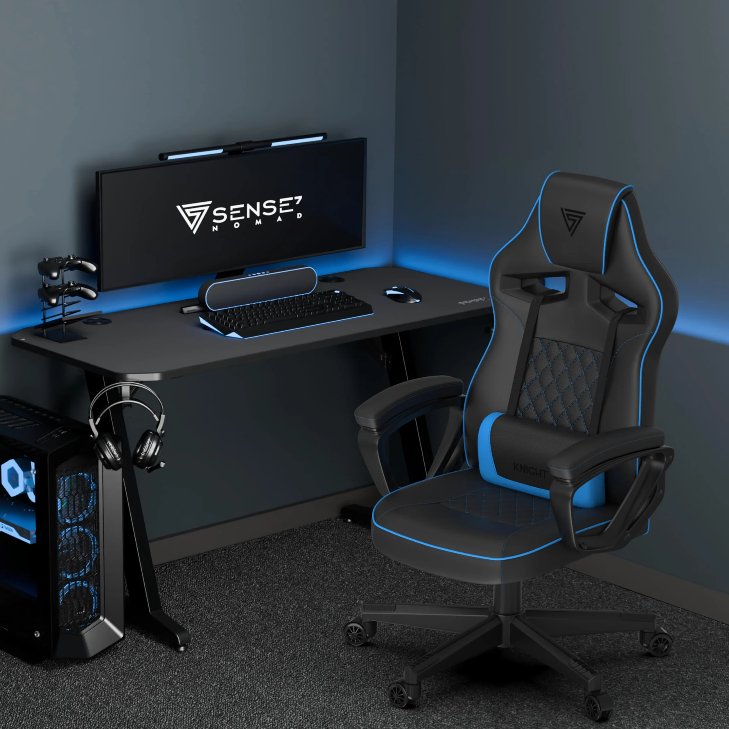 SENSE7 Knight ergonomiczny fotel gamingowy z regulowaną poduszką lędźwiową, skóra PU, do 120 kg, czarno-niebieski