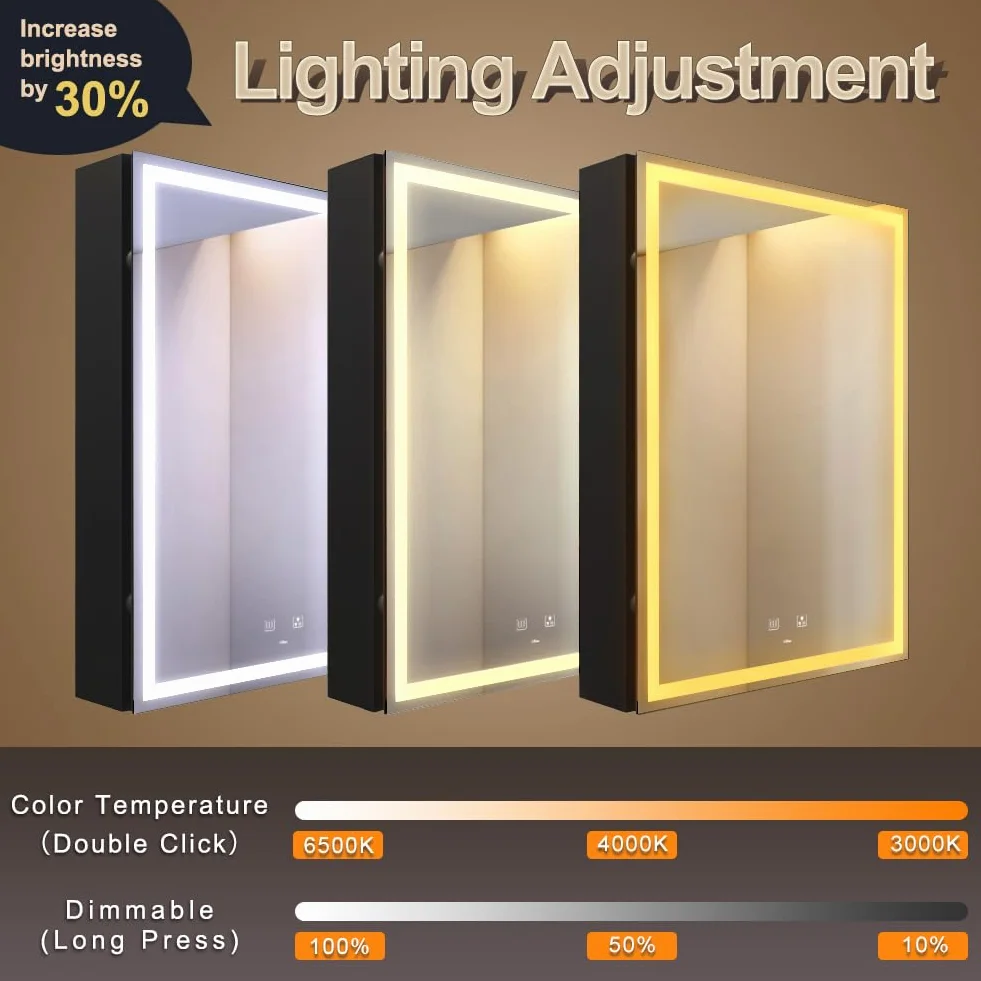 KWW 50 x 70 cm podświetlana szafka łazienkowa na lekarstwa z lustrem LED, odmgławiaczem, ściemniaczem, 3-kolorowe światło, lusterko do makijażu, łatwa instalacja, montowana na ścianie, szafka na leki