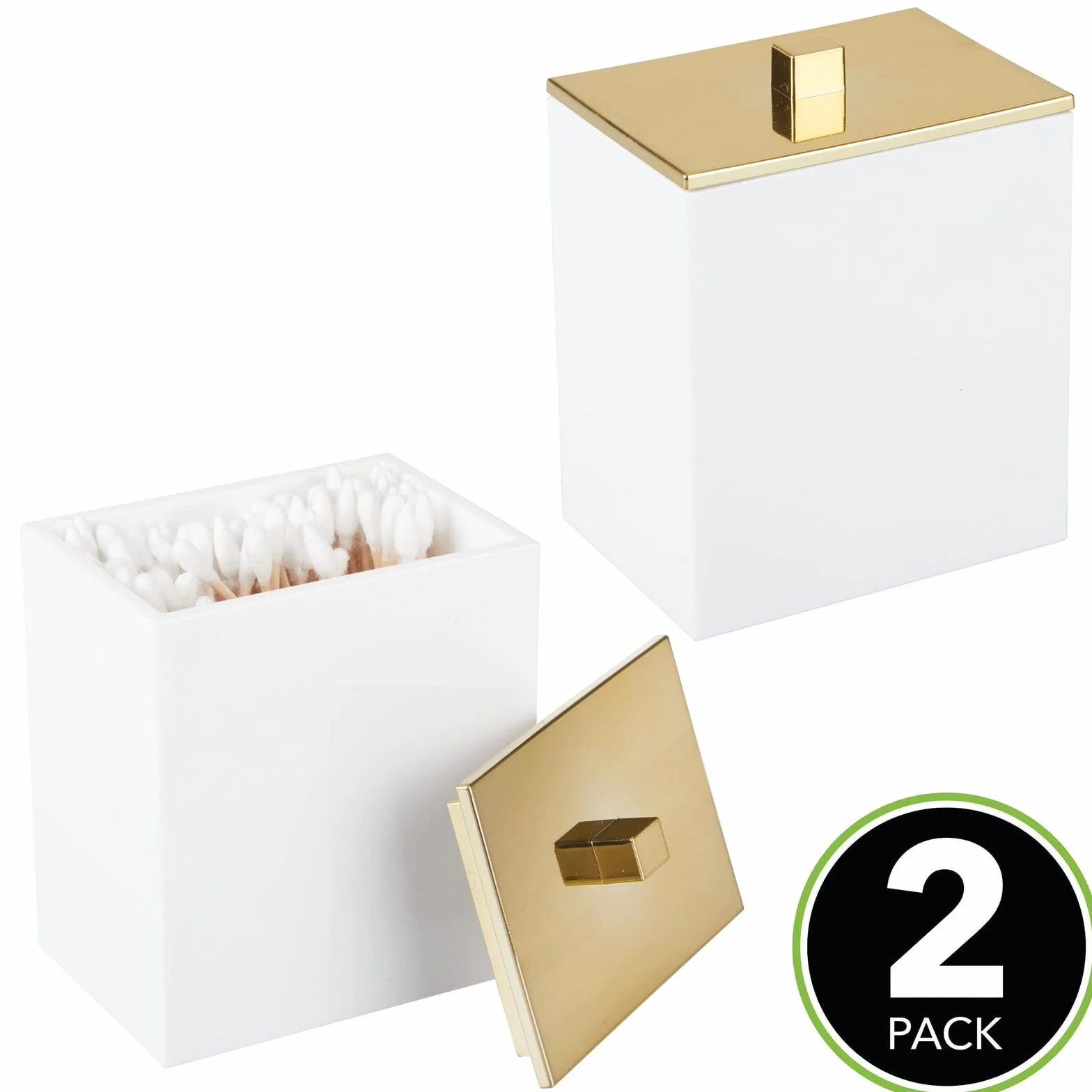 mDesign Organizer na kosmetyki, Pojemnik na waciki i patyczki z pokrywką, 2-pack, Biały/Złoty