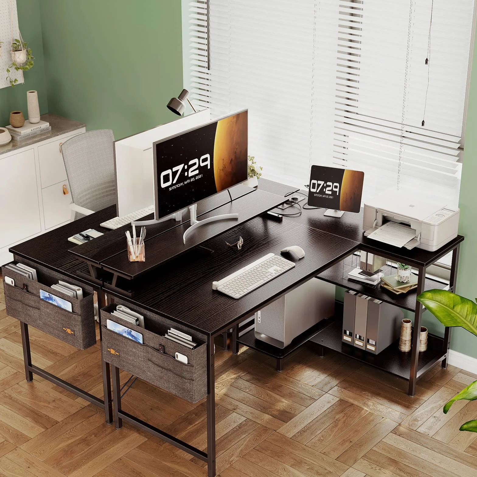 ODK Stolik gamingowy w kształcie litery L, 120 x 80 cm, biurko w kształcie litery L z regałem, dwustronne, z przyłączem ładowania USB i gniazdkiem, stolik narożny ze stojakiem na monitor do biura