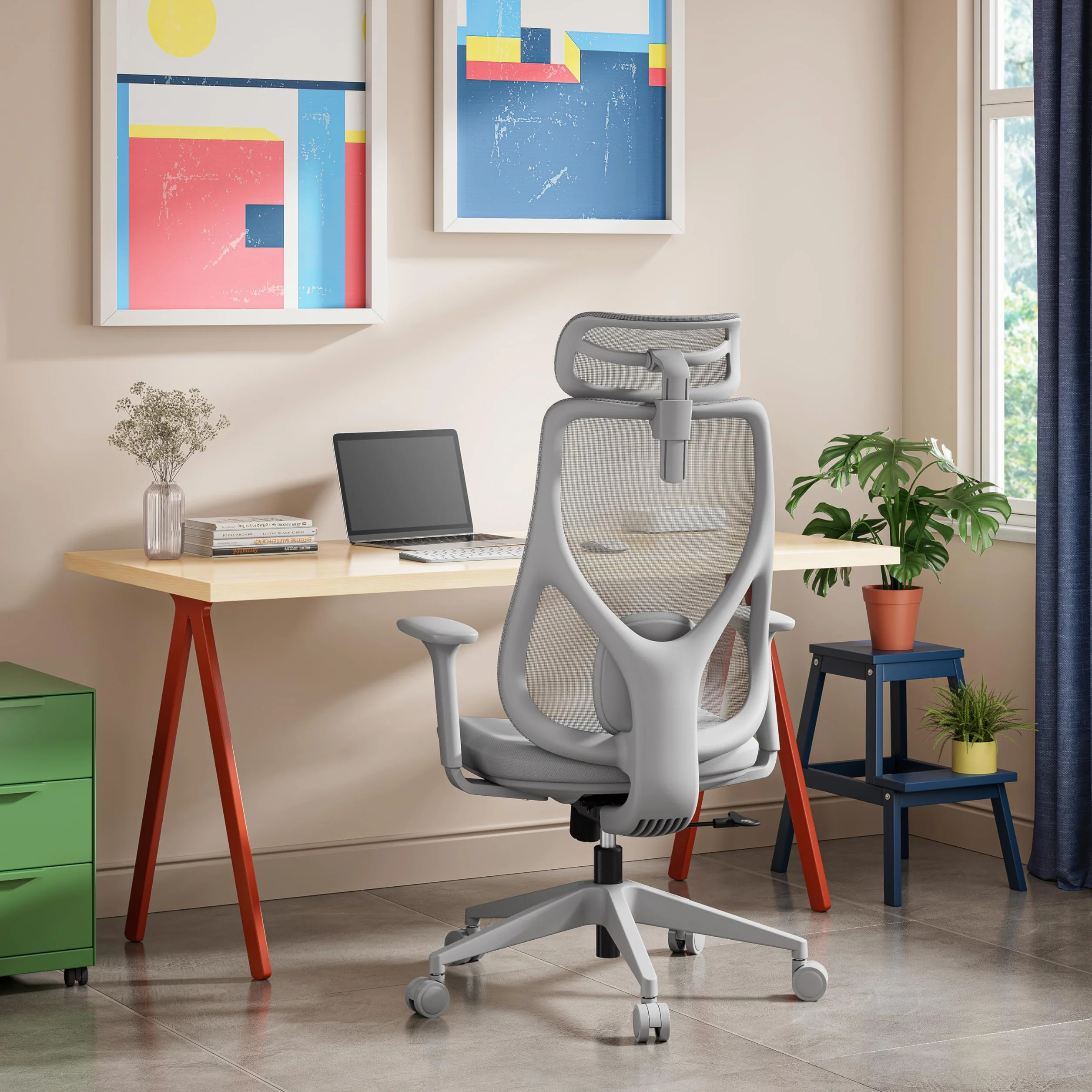 SENSE7 Fotel Biurowy Gamingowy Ergonomiczny Krzesło Obrotowe Biurowe Regulowany dla Home Office Graczy do 150kg Oddychająca Tkanina Regulowany Zagłówek z Podparciem Podłokietnikami 3D - MOYO Szary