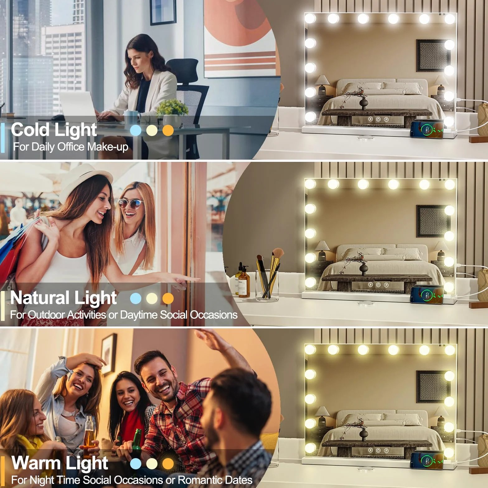 Lustro Hollywood LED 14 diod 3 tryby świecenia USB 10x powiększenie 50x40 cm