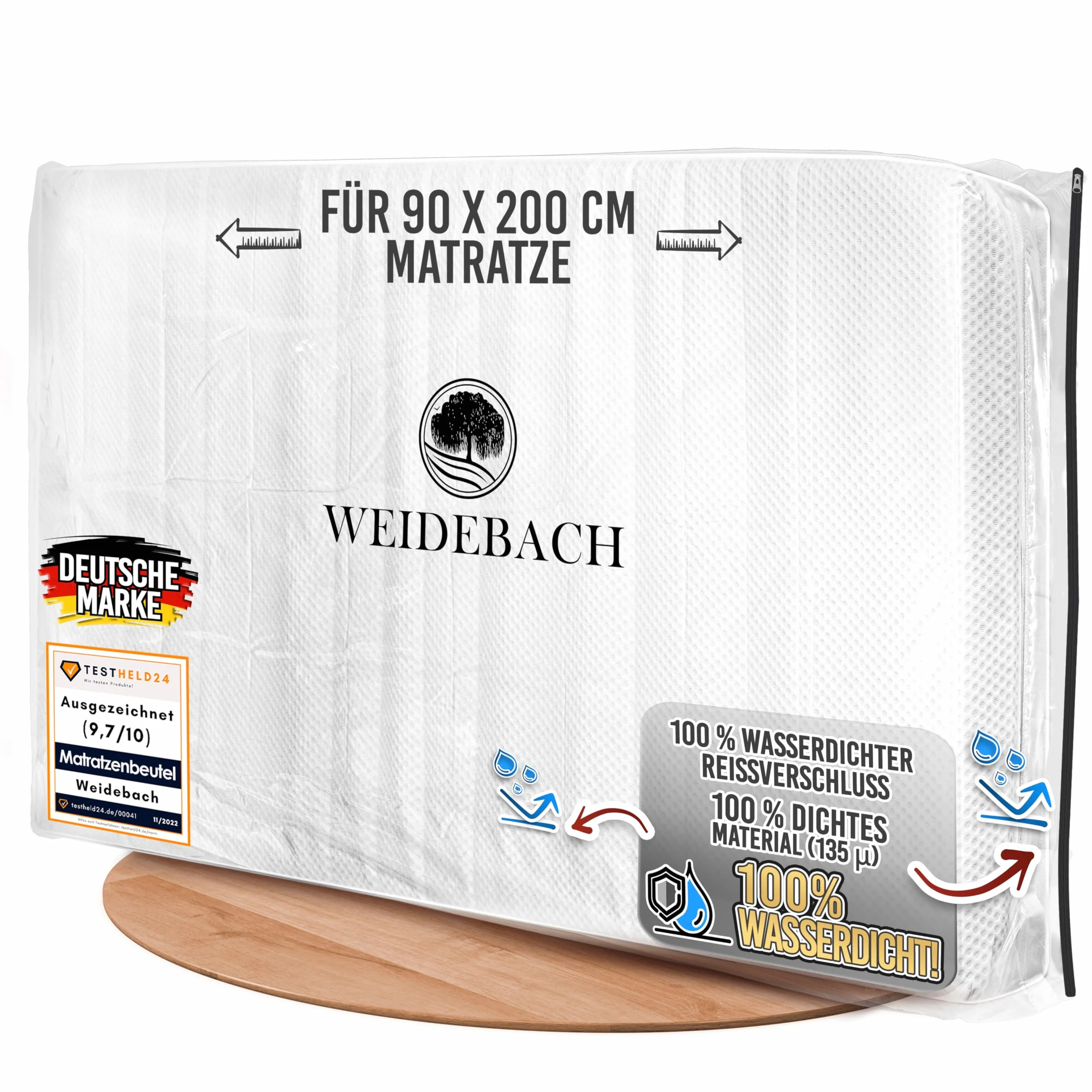 WEIDEBACH® Wytrzymały pokrowiec na materac, 100% szczelny, na materace pojedyncze 90 x 200 cm, worek na materac z zamkiem błyskawicznym, torba do przechowywania i transportu, chroni przed zapachami i