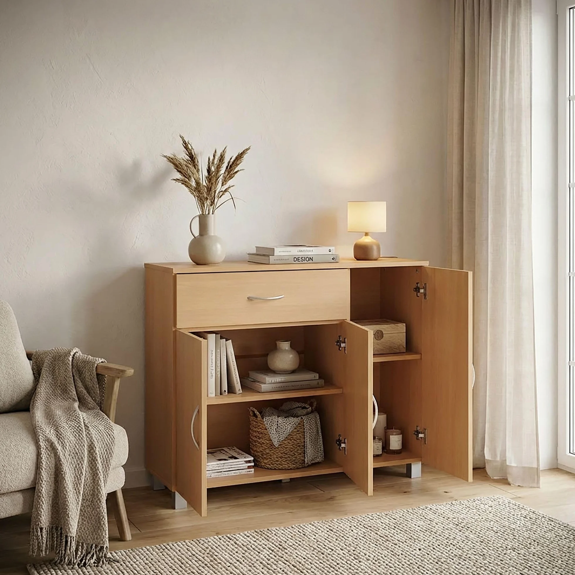 WOHNLING buk JARRY komoda z 1 szufladą i 3 drzwiami 90 x 75 x 30 cm