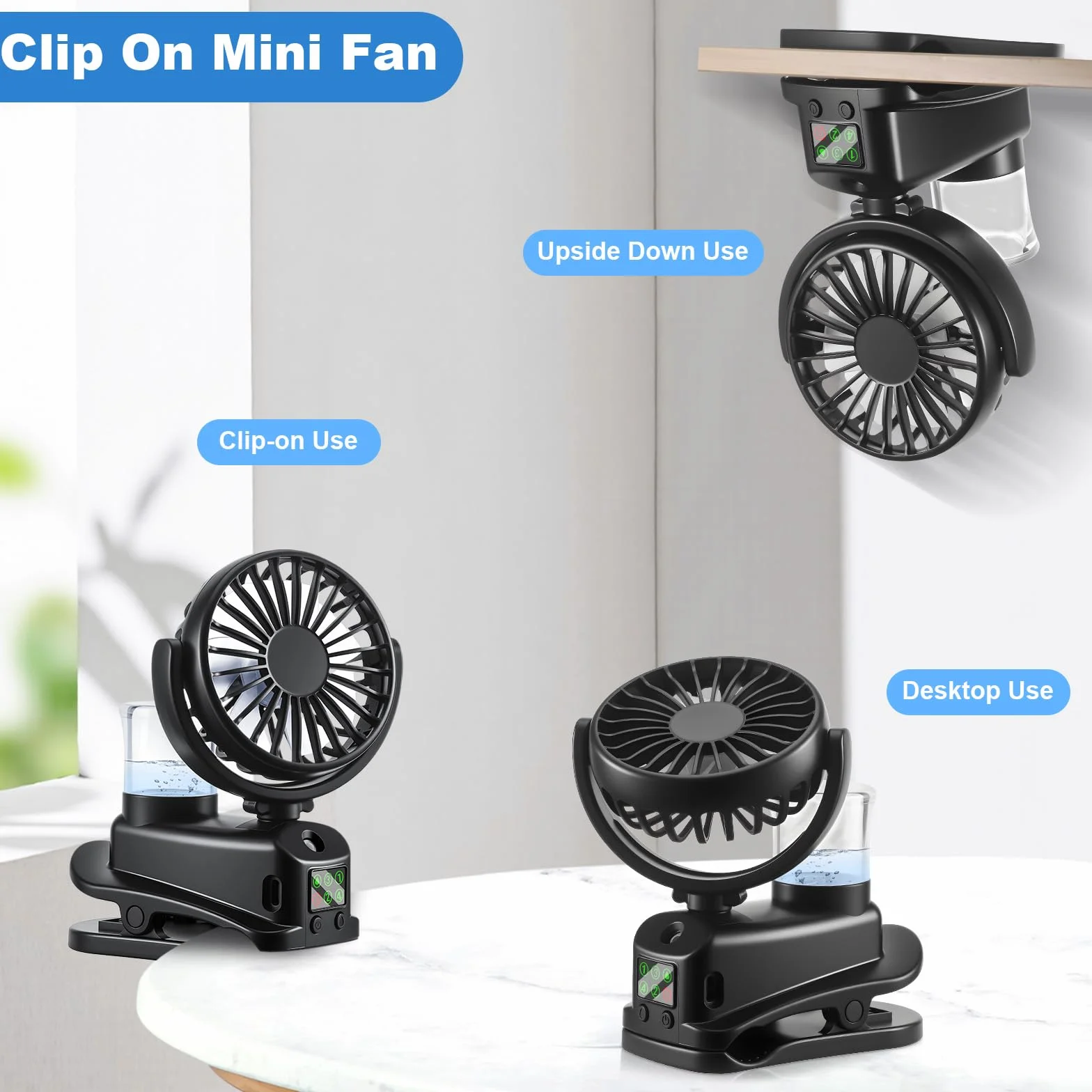 JIZZU Wentylator stołowy USB z mgiełką wodną, 4 prędkości, wiatrak, regulowany wentylator stołowy z wyświetlaczem LED (czarny)
