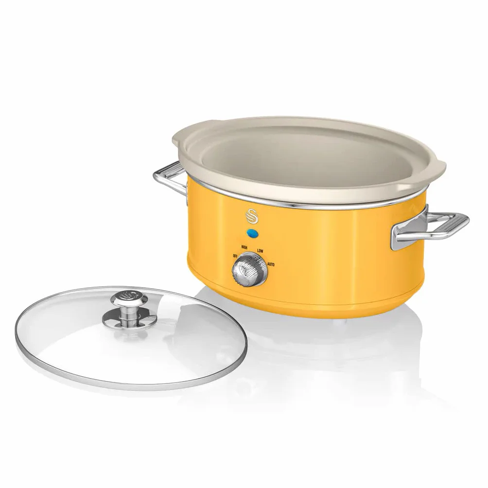 Swan Retro SF17021YELNEU Slow Cooker 3,5L wymienny pojemnik do gotowania, ceramiczny non-Stick PFOA i PTFE Free, 3 poziomy temperatury, szklana pokrywa, rocznik, żółty, 200W