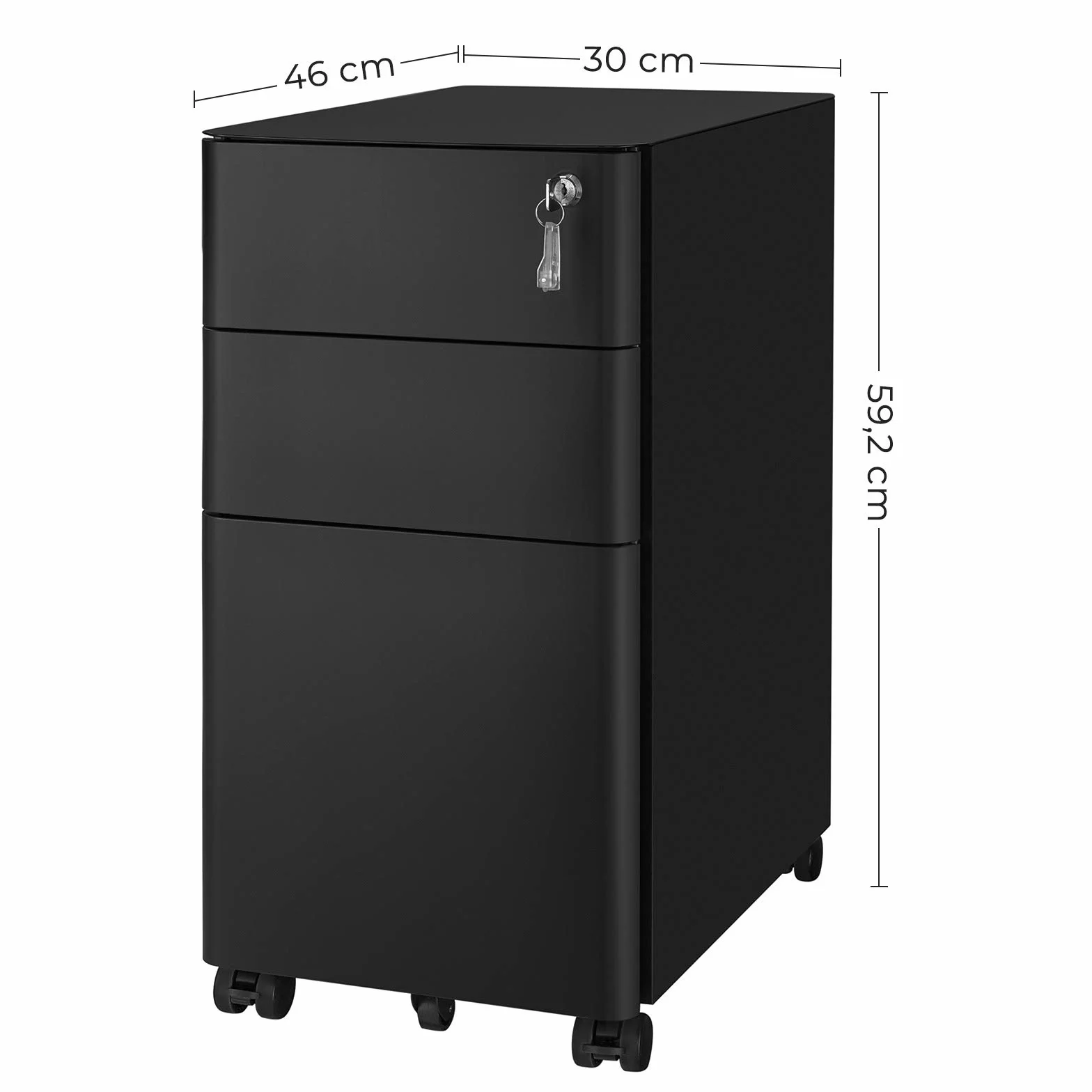 SONGMICS Cassettiera da Ufficio, Mobiletto per Documenti con Rotelle e Serratura, Corpo Preassemblato, per A4, Format Legale e di Lettera, Cancelleria e Cartelle Sospese, Nero OFC030B01