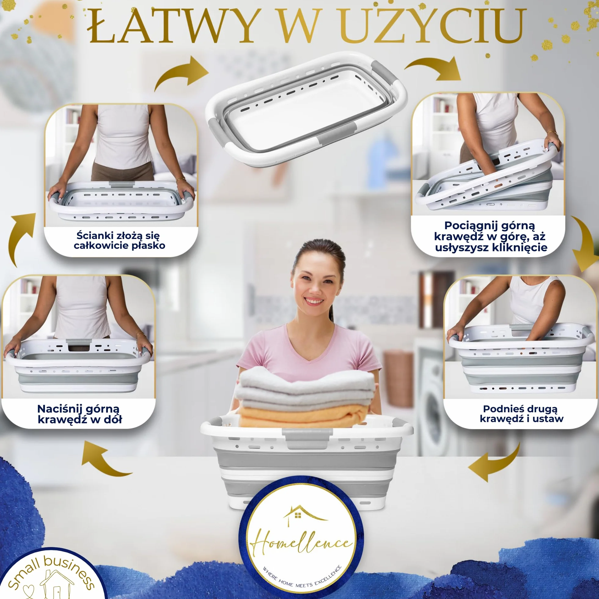 Homellence Składany Kosz na Pranie 42L - Silikonowy Plastikowy Koszyk Wentylowany - 65x40x27/8,5cm Szary